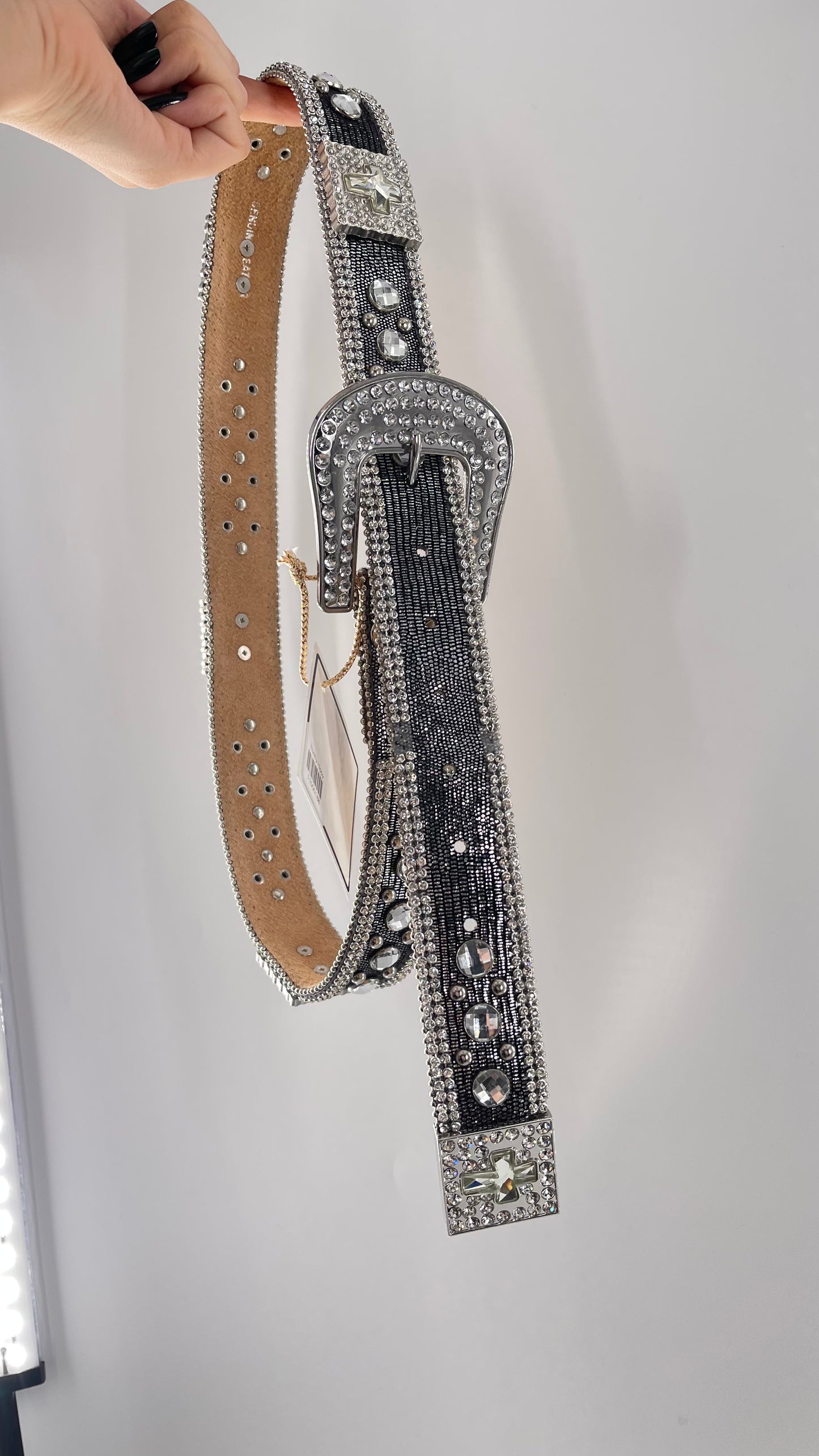 Free People Dark Silver Metallic Snake Print Belt covered in Crystal Embellishments and Heavy Metal Crosses (M)