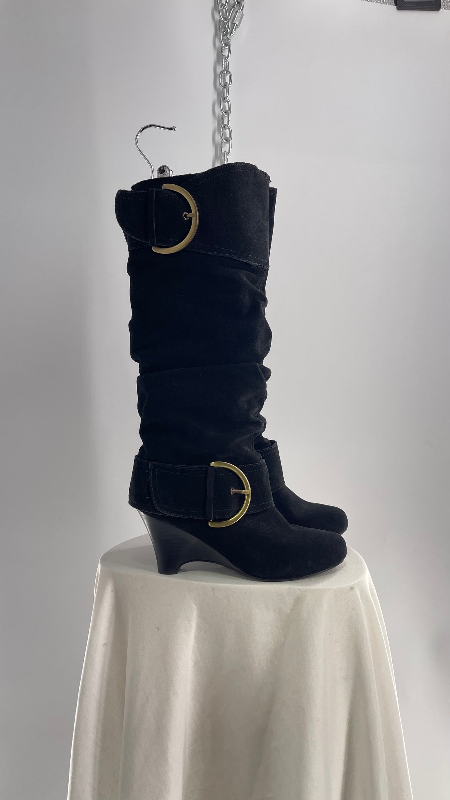 Naughty Monkey Black Suede Wedge Boot with Gold Buckle (7)
