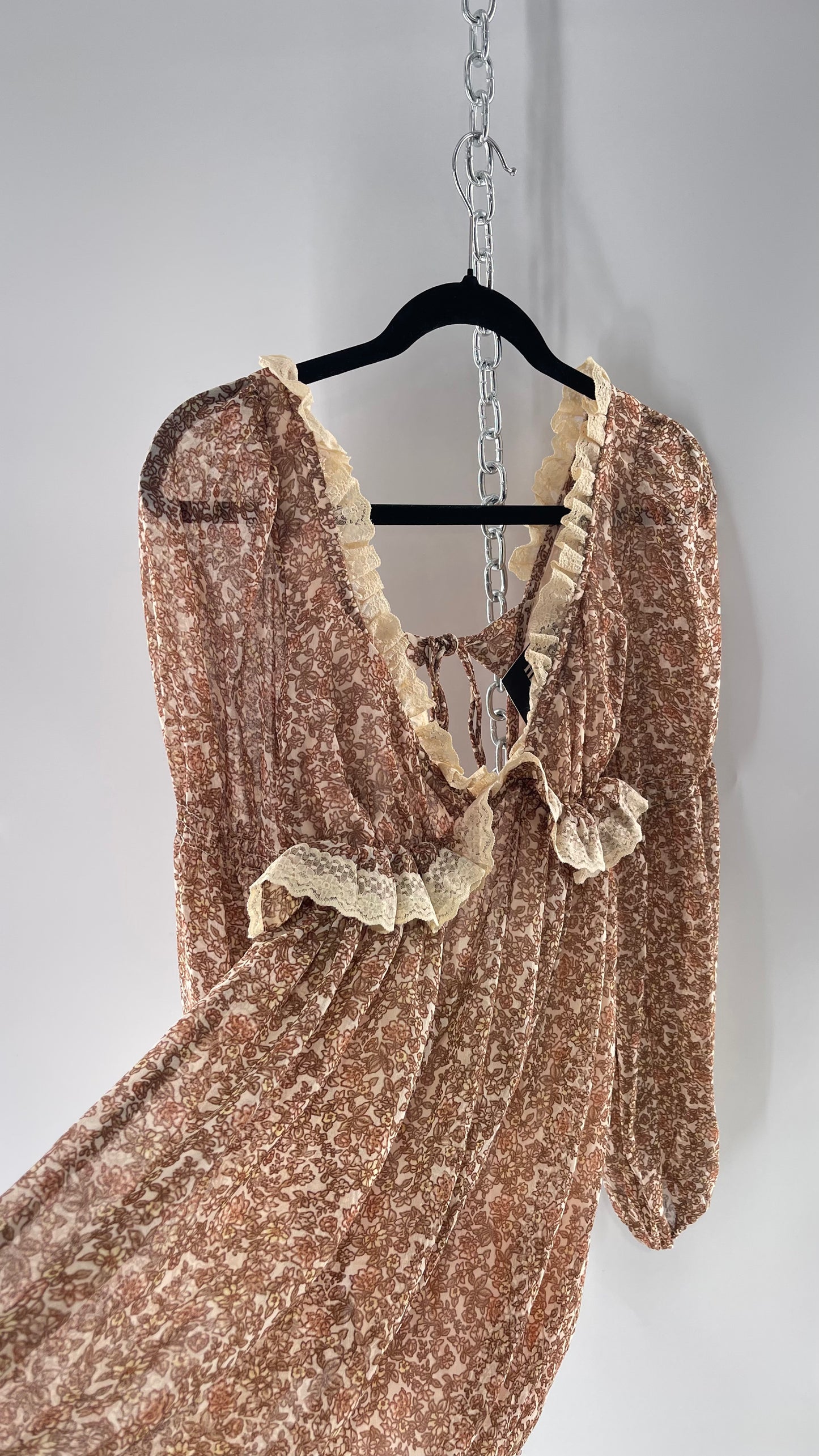 Free People Brown Floral Mini Dress with Beige Lace Lining and Puffy Balloon Sleeves (XS)