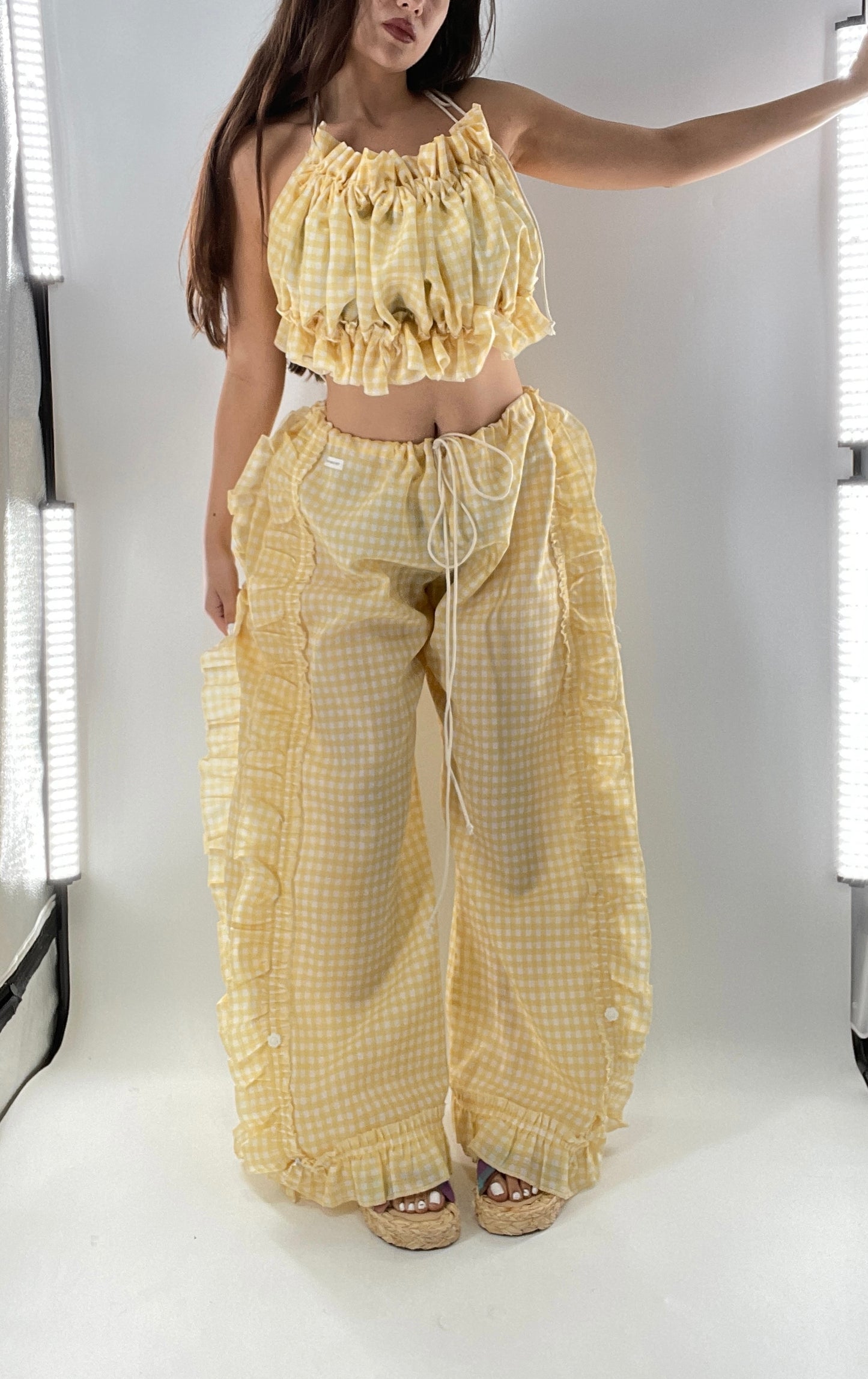 Vintage 2 Piece Yellow Checkered/Gingham Patterned Picnic Set with Ruched Bust Top and Ruffle Side Wide Legs with Adjustable Length, Strap Up Buttons on Hem (One Size)