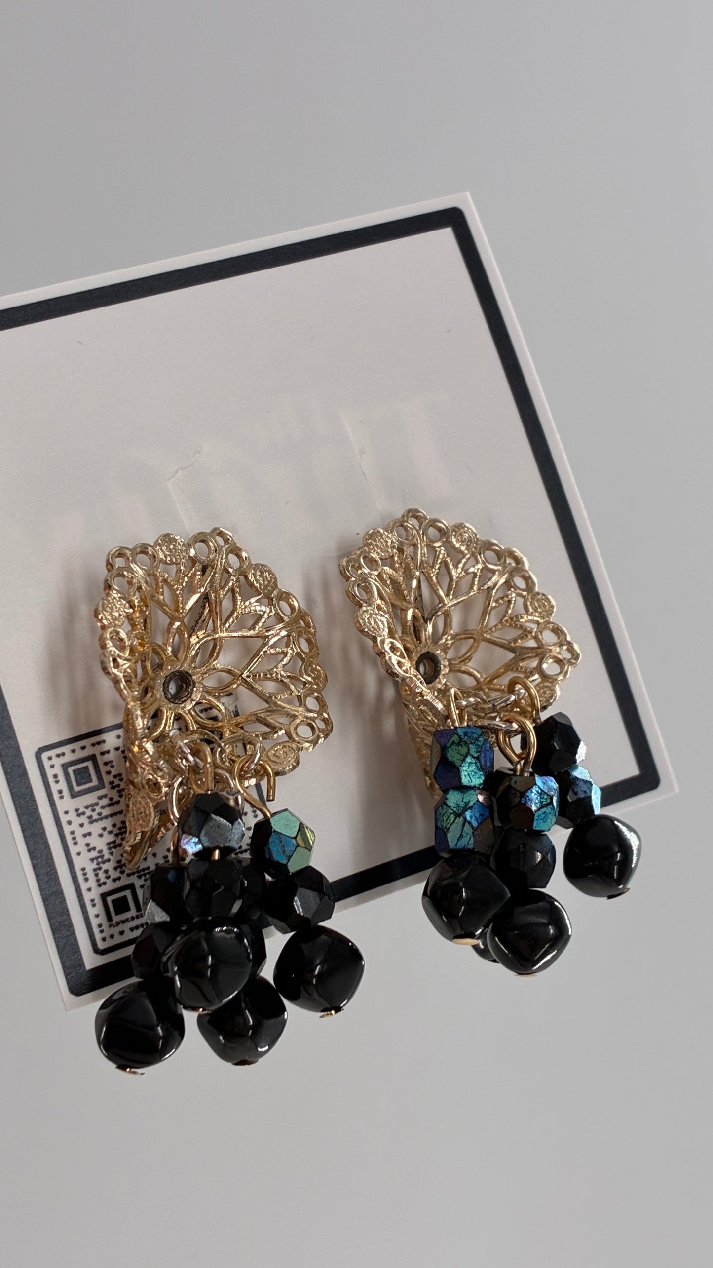 Vintage Gold Webbed Earring with Iridescent Beaded Tassels