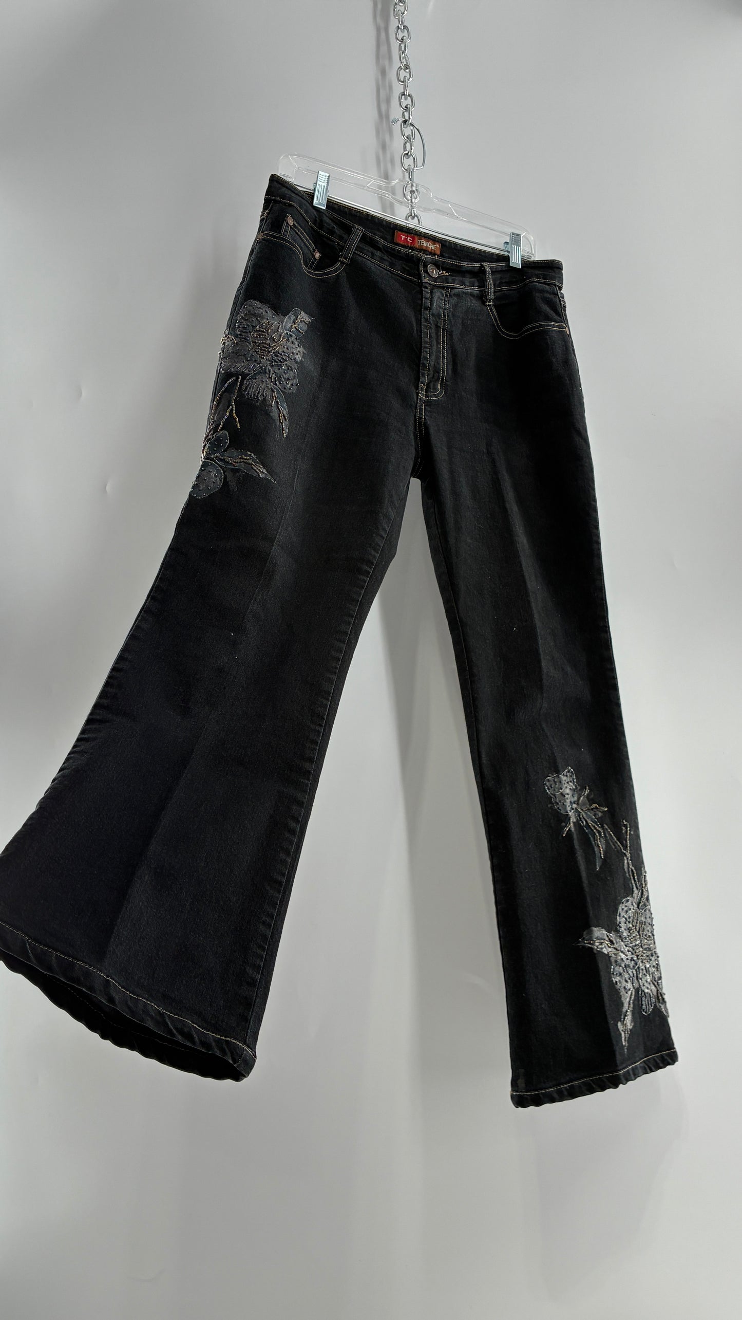 Vintage TEMCHE JEANS Dark Wash Jeans with Painted, Beaded Florals