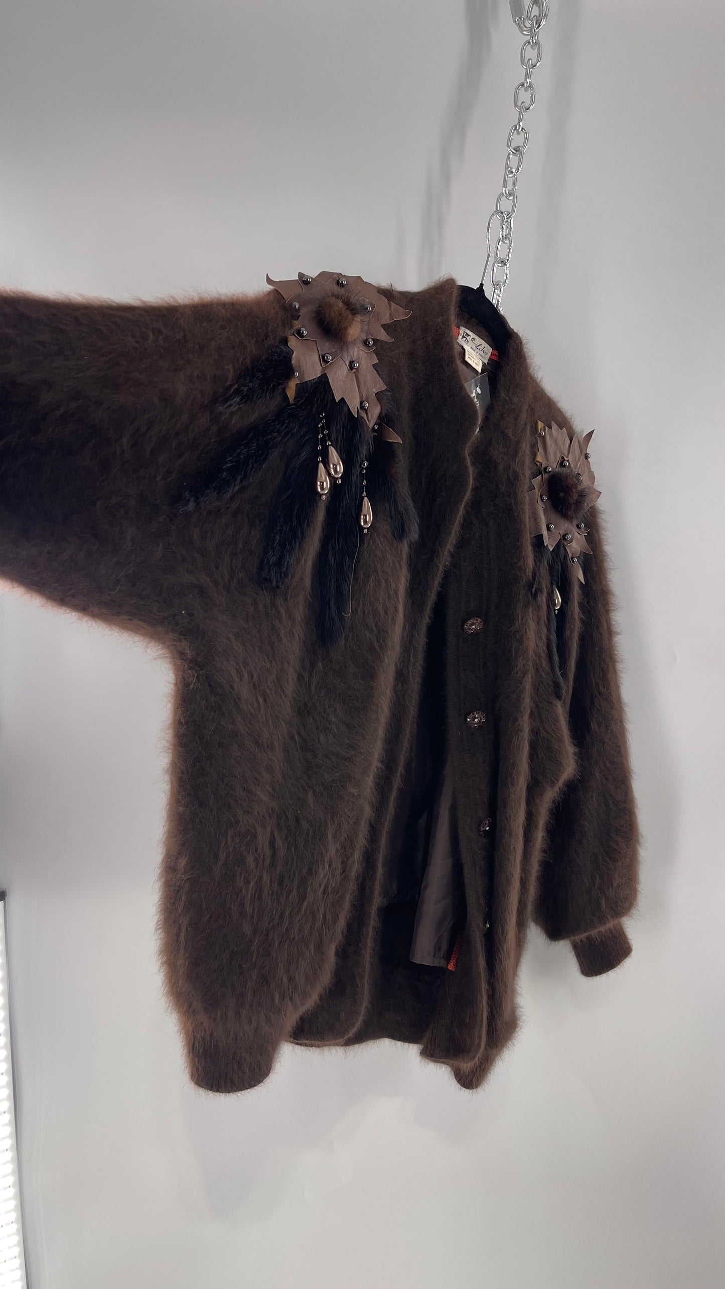 Liho Korean Vintage Brown Cardigan with Leather, Fur and Beaded Detailing 15% Wool 75% Angora  (C)(Medium)