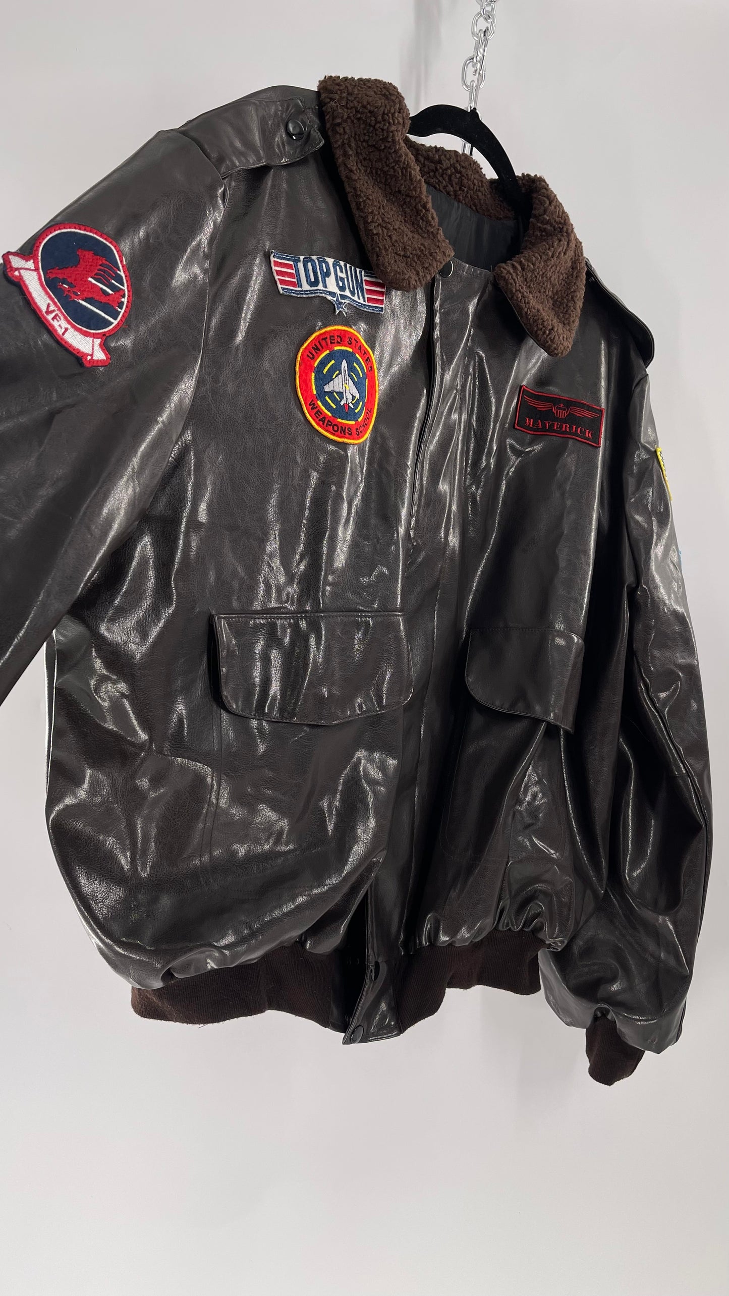 Vintage Dark Brown Top Gun Bomber Jacket with Patches and Teddy Sherpa Collar (Large)