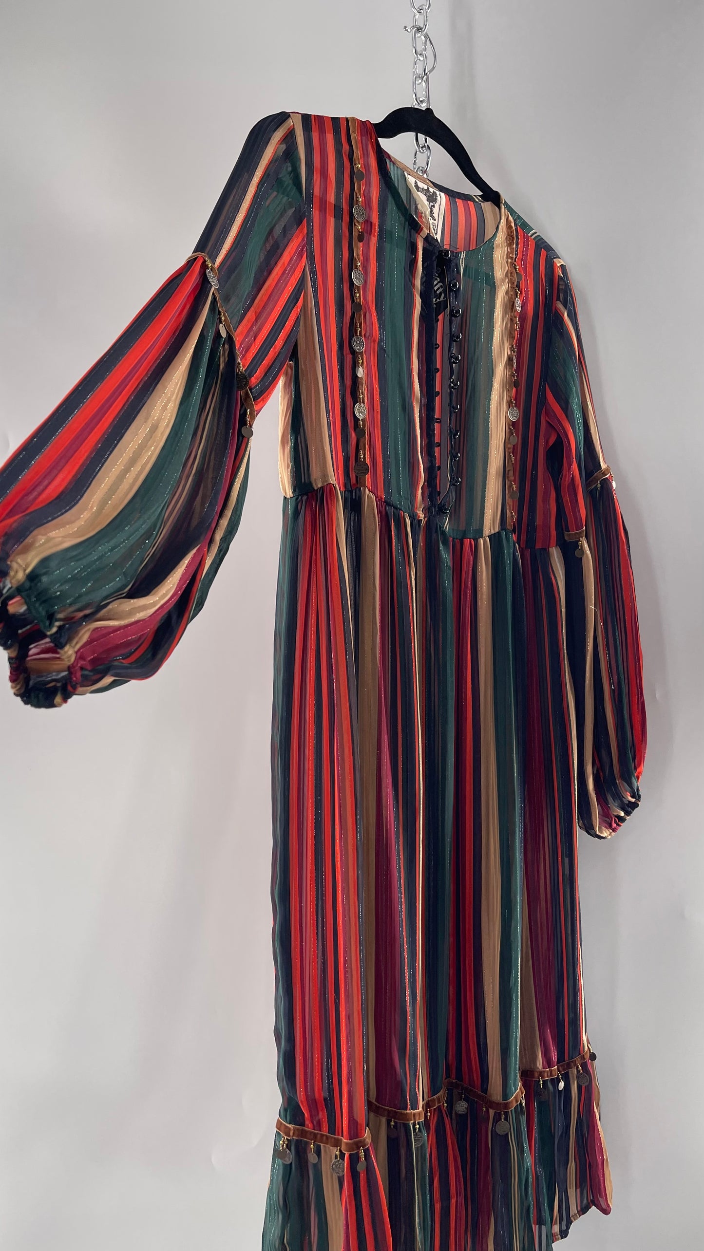 JAASE Striped MIDI Dress with Ruffled Hem, Coin Detailing, Dramatic Button Front Dress (XS)