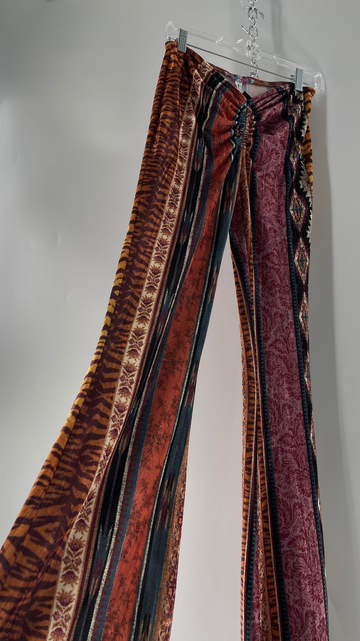 Urban Outfitters Velvet Scrunch Front Maroon Mixed Pattern Flared Bell Bottoms (Medium)
