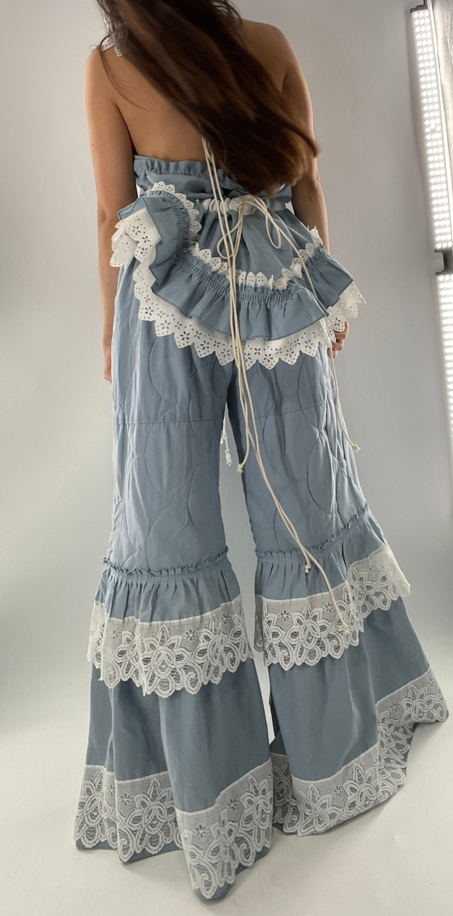 Vintage 2 Piece Powder Blue Set Featuring 2Way Blouse and Quilted Trousers Covered in Ruffles, Lace and Trim (One Size)