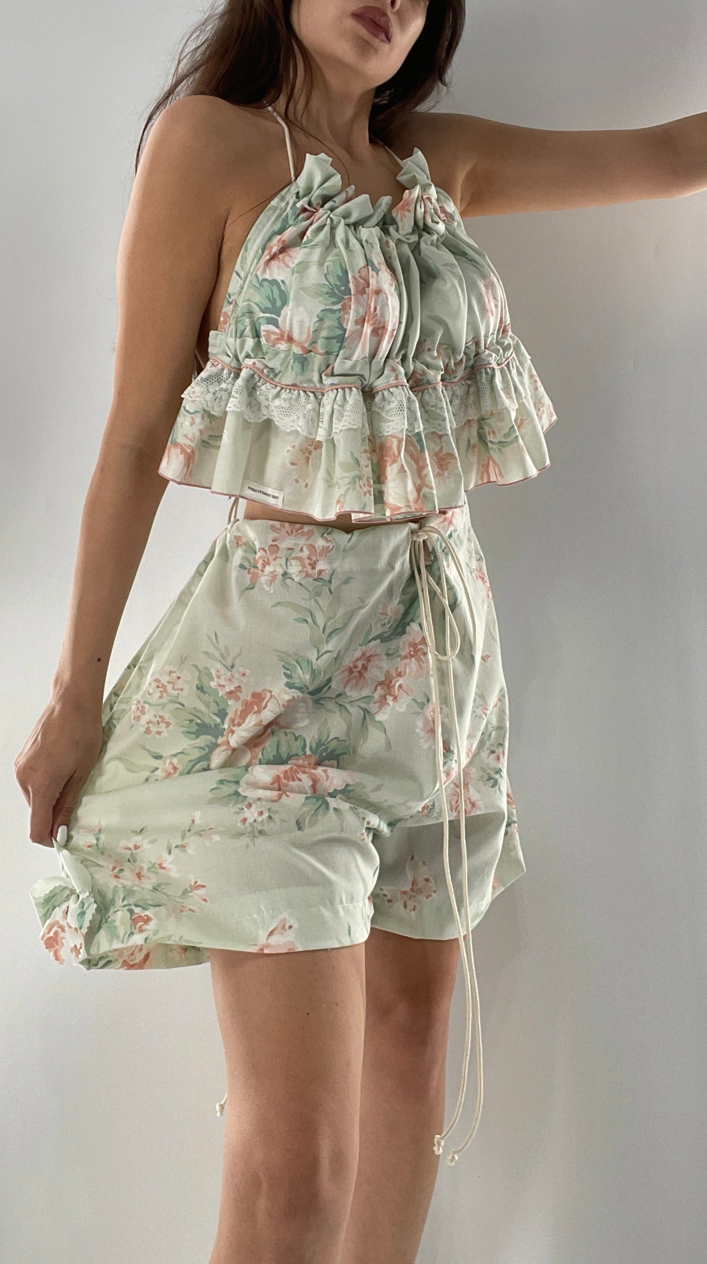 Vintage 2 Piece Bloomers and Babydoll Blouse Set Covered in Delicate Florals, Ruffles, Bows and Lace (One Size)