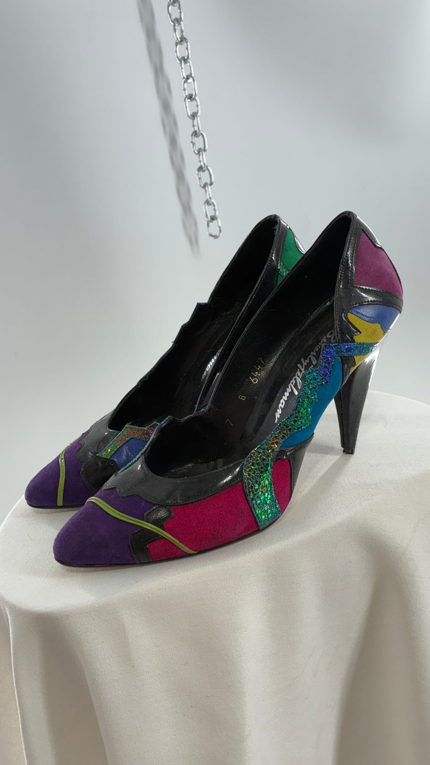 Vintage Beverly Feldman 1980s Retro, Abstract, Color Block and Iridescent Curved Heels (7)
