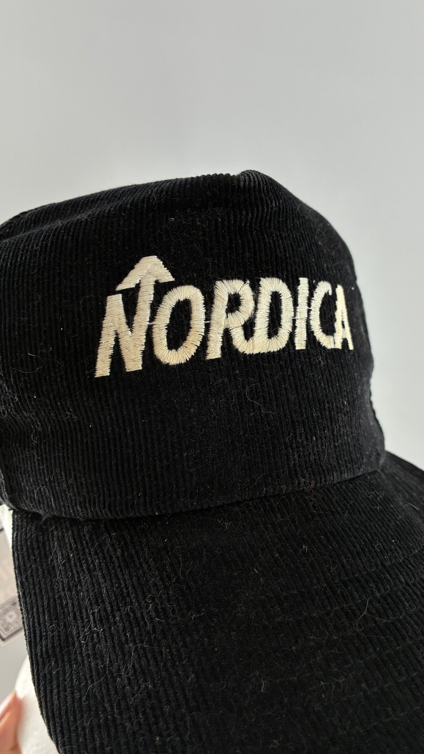 Vintage 1980s NORDICA Sportswear Black Corduroy Embroidered SnapBack Hat