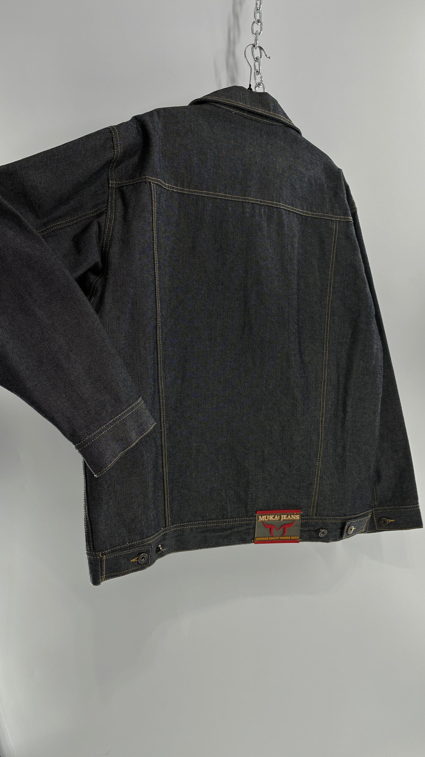 Vintage 1990s MU:KA: JEANS Men’s Dark Wash Japanese Style Denim Baggy Straight Legs and Oversized Jacket Set (L, 32x32)