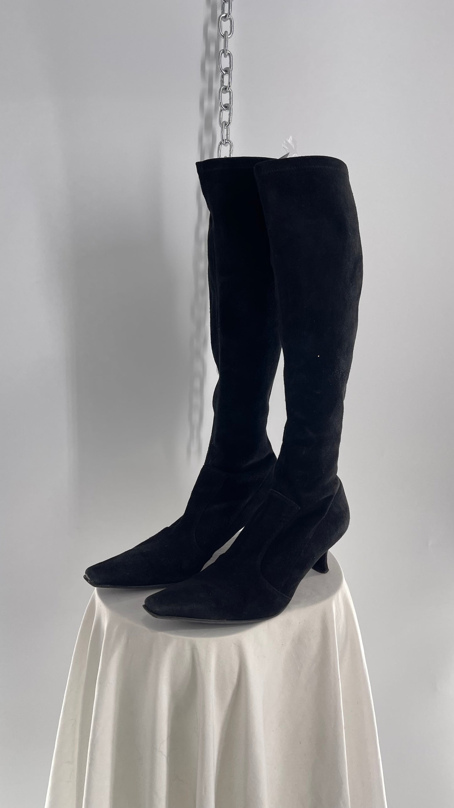Vintage 1990s Stuart Weitzman Black Suede Leather Kitten Heel Pointed Toe Knee Highs (8.5)