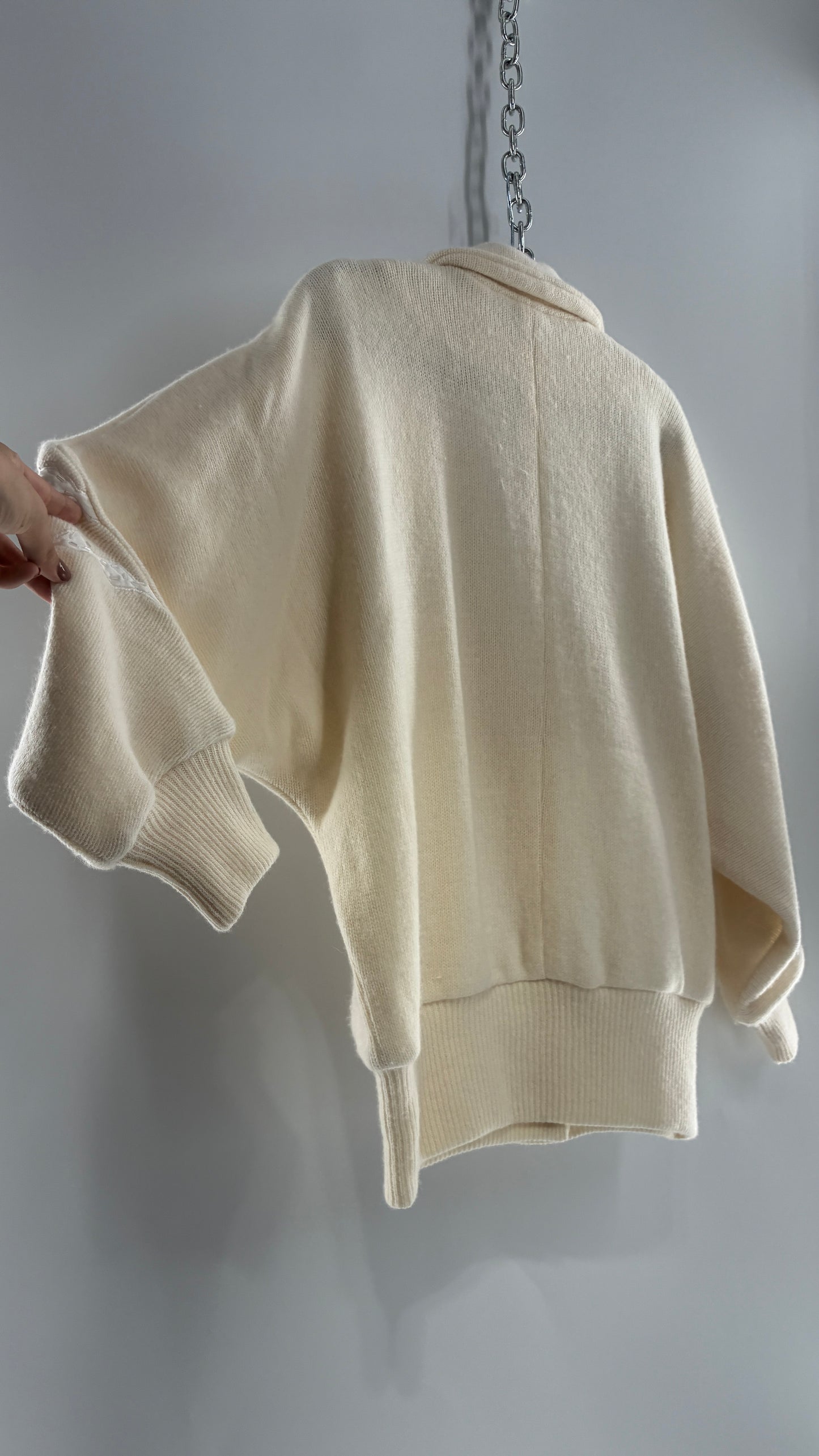 Vintage SUZELLE 70% Lambswool, 20% Angora Rabbit Off White Woven Bomber Jacket with Leather Flower Appliqués (Medium)