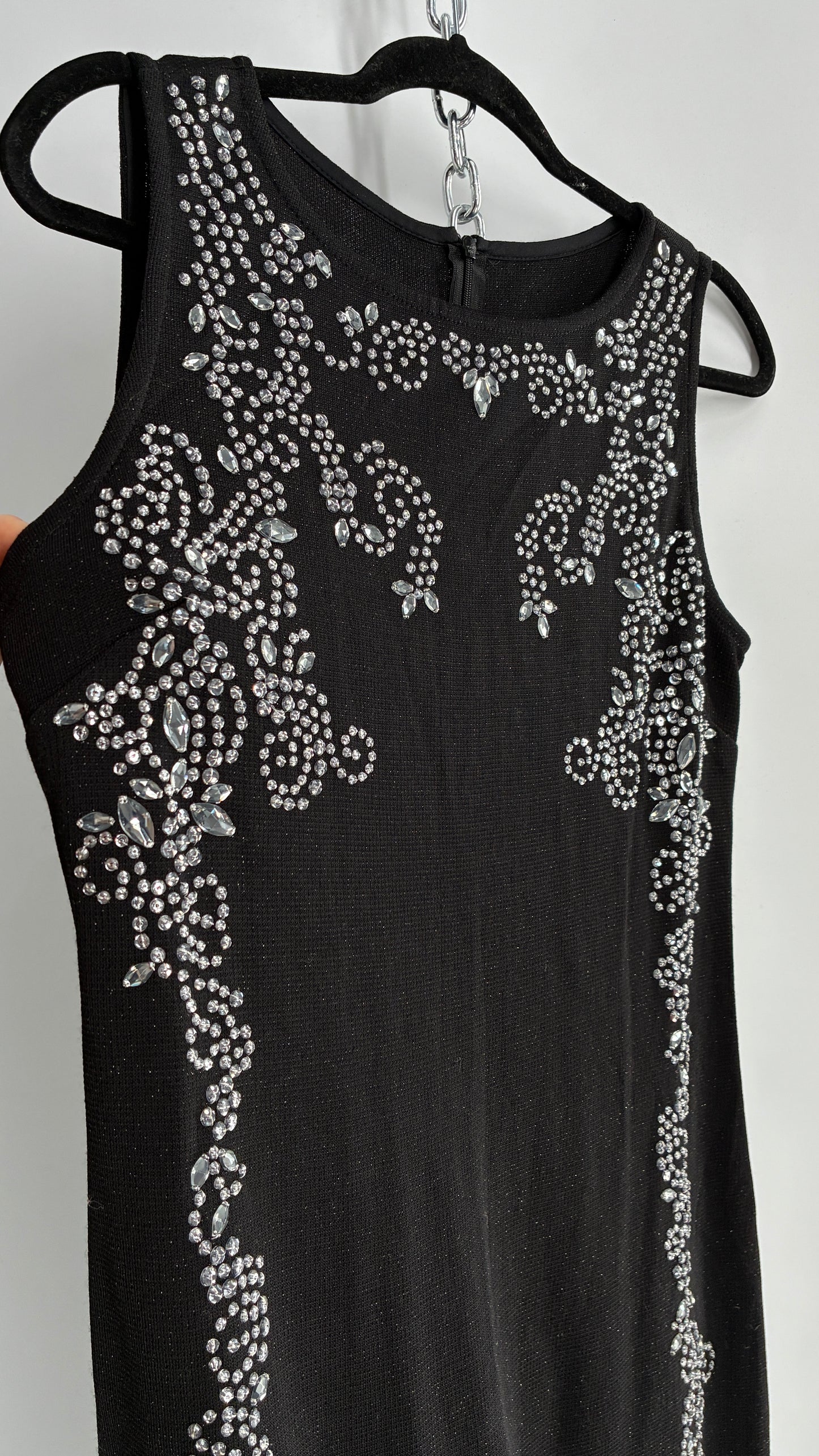 Vintage ST JOHN Black Metallic Wool Knit Dress with Silk Blend Lining and Rhinestone Embellishments (6)