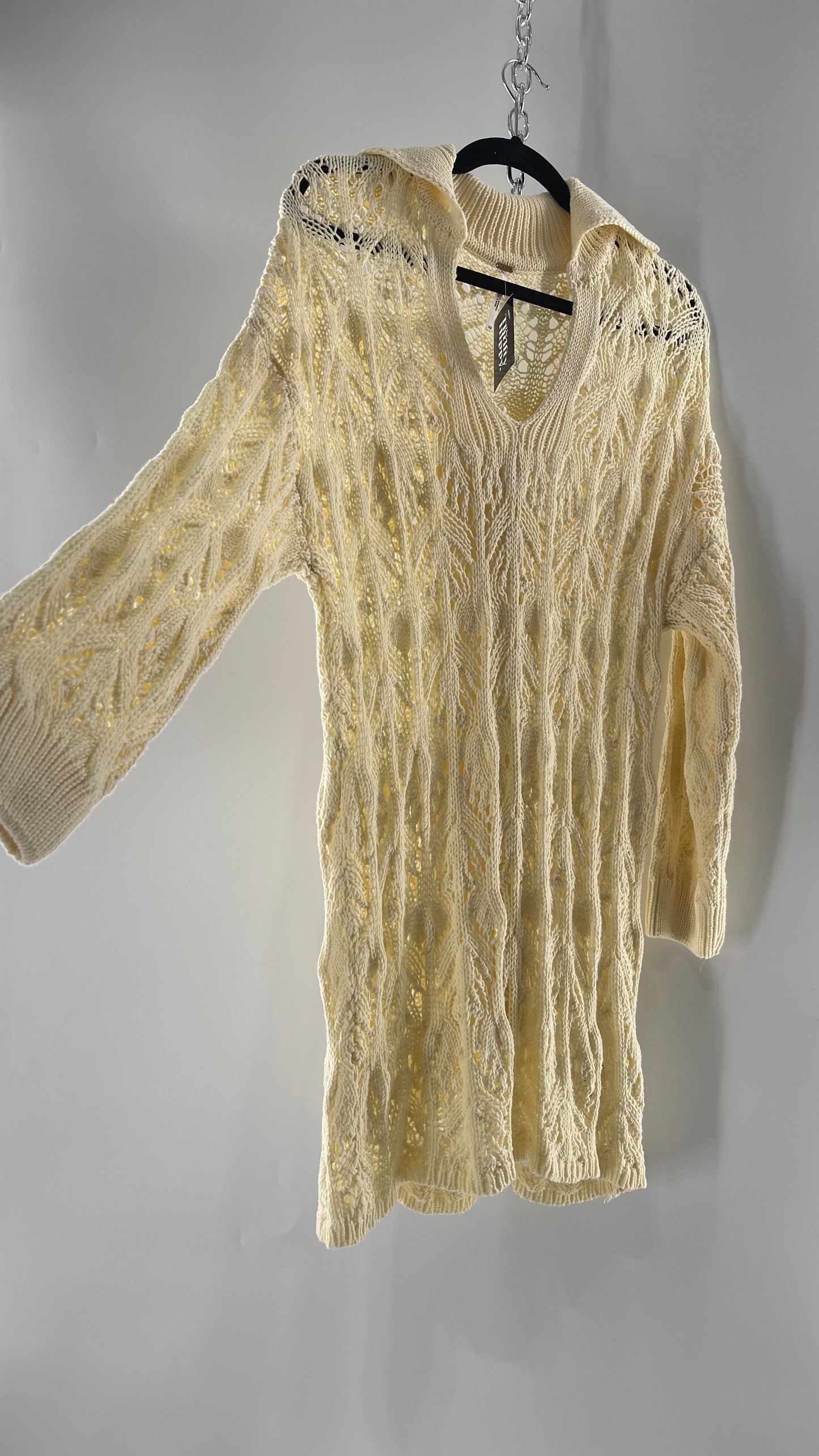 Free People Baby Yellow Comfy n Cozy Open Stitch Knit Sweater Dress (XS)