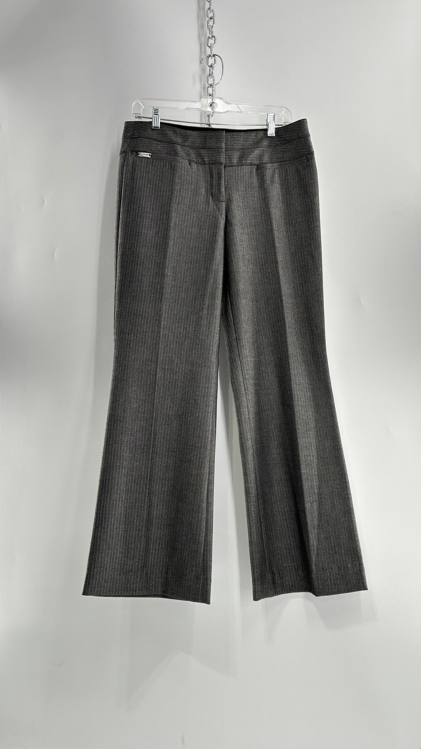 Vintage 1990s EXPRESS Editor Dark Grey Pinstripe Ultra Low Rise Thick Hip Band Kick Flares (6R)