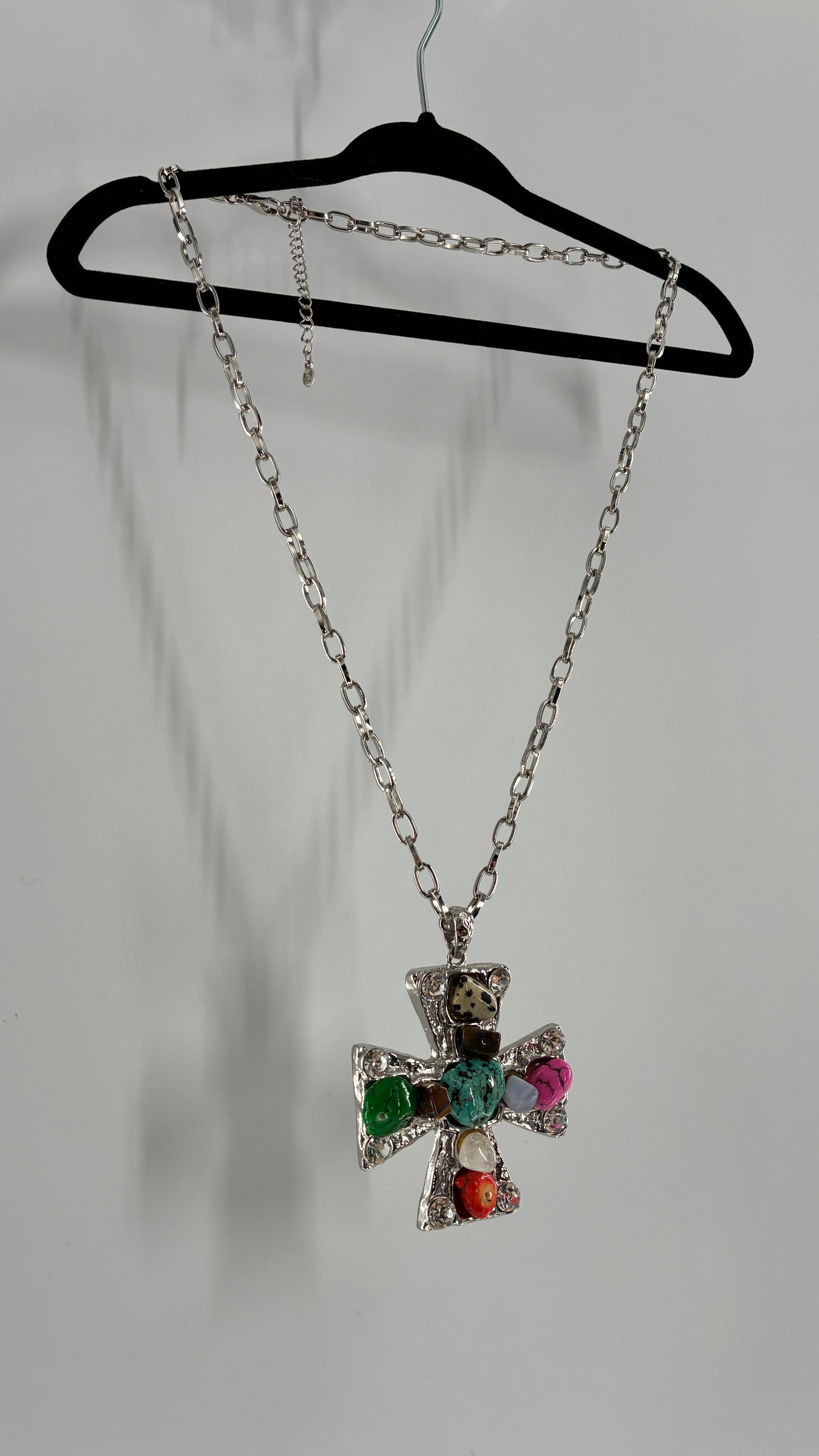 Vintage Silver Heavy Chain Necklace with Hammered Cross Covered in Stones and Rhinestones