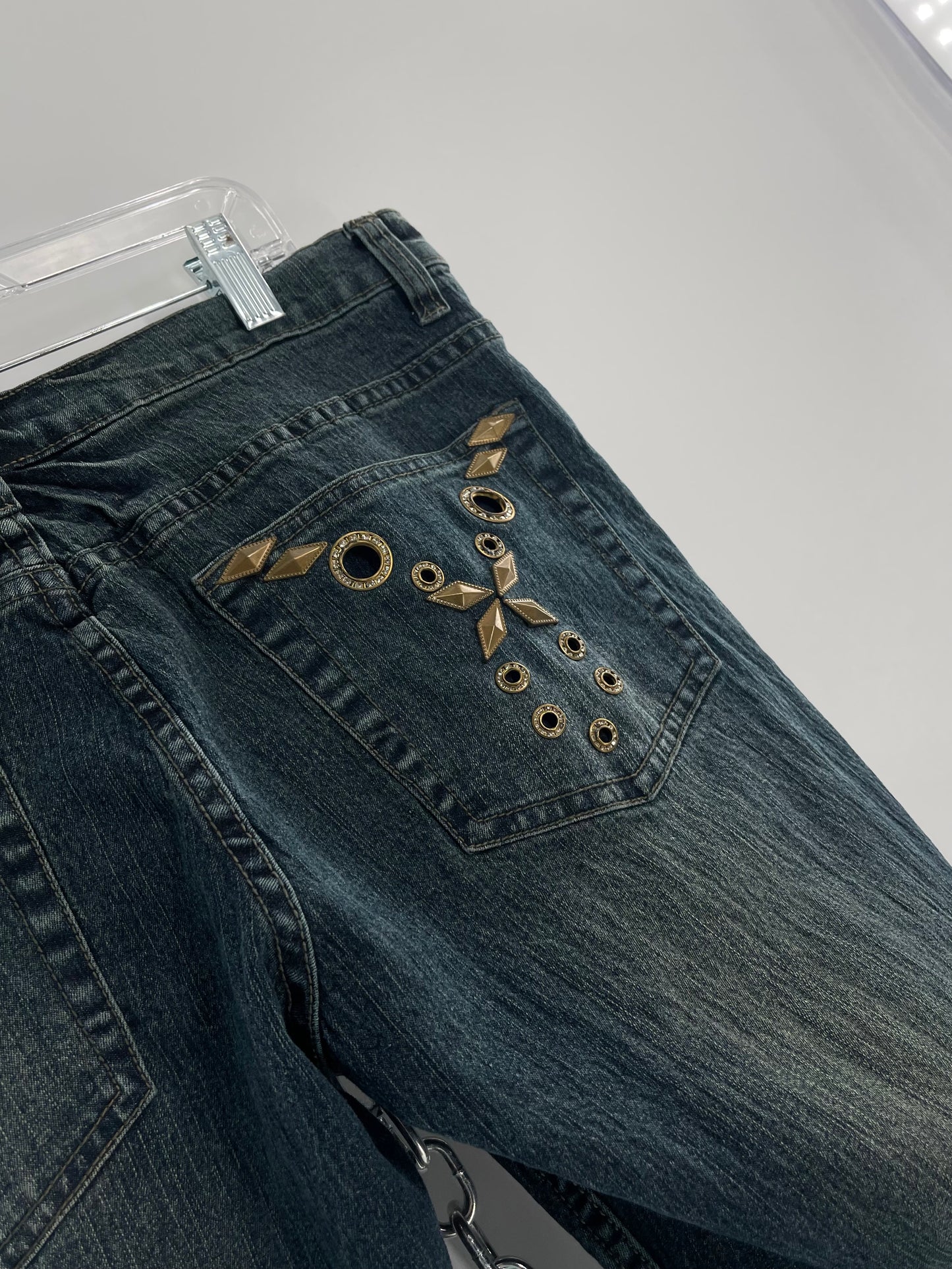 Vintage Blue Pointe Kickflare Medium Wash Jeans with Gold Rhinestone Metal Jewels (13)