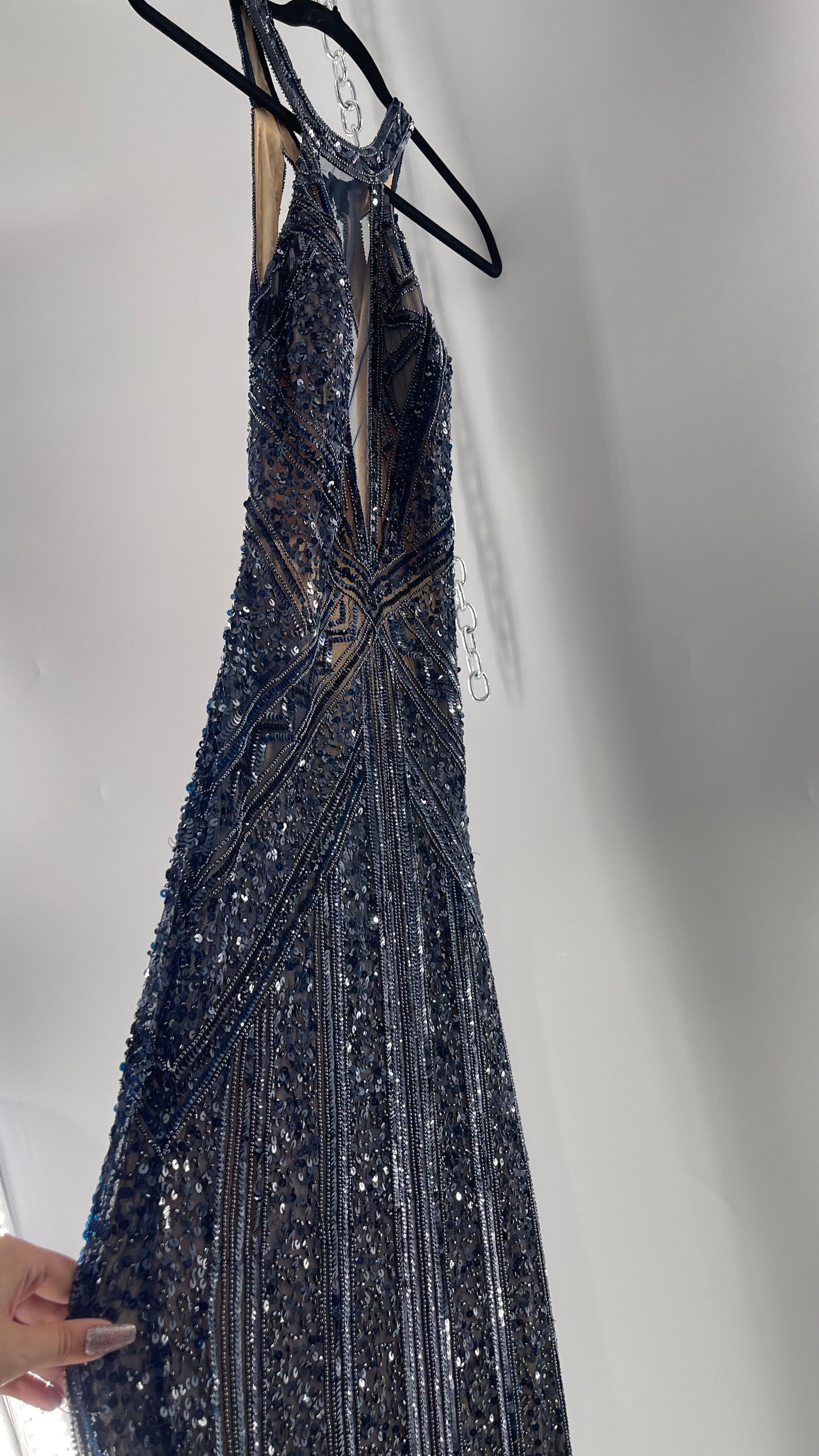 Vintage SCALA Navy Blue Beaded Floor Length Gown with Plunging Neckline, Backless Detail, and Tan Underlay (C)(4)