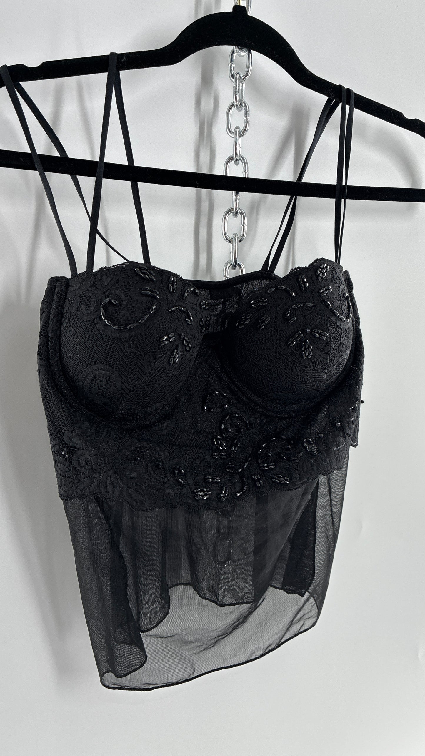 Vintage LA FRESCA Black Lace Bustier Babydoll with Mesh Bodice and Beaded Cups/Band (Large)
