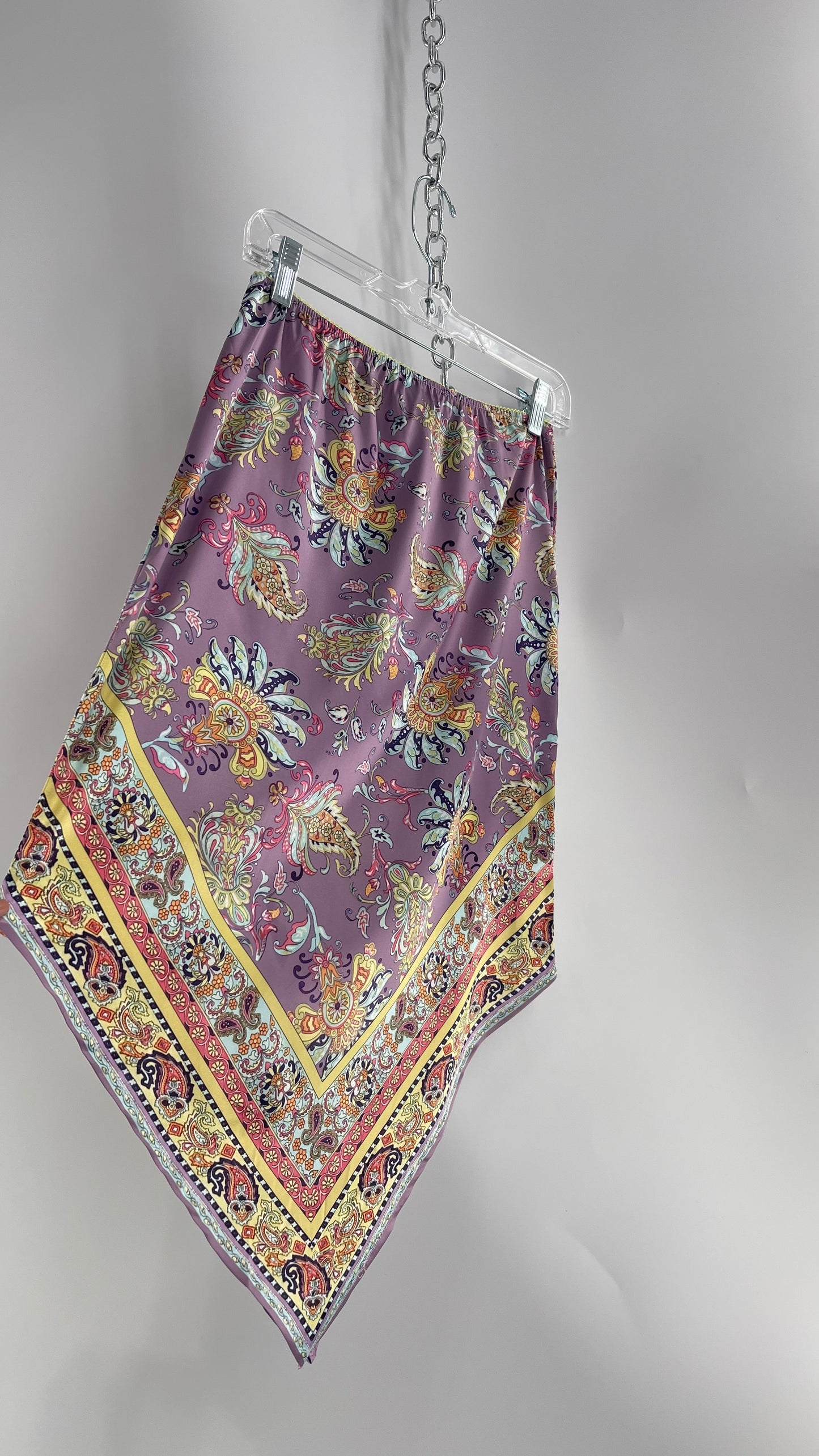 Urban Outfitters Lavender Satin Paisley Handkerchief Hem Skirt with Light Green Ribbon Waistline (Small)