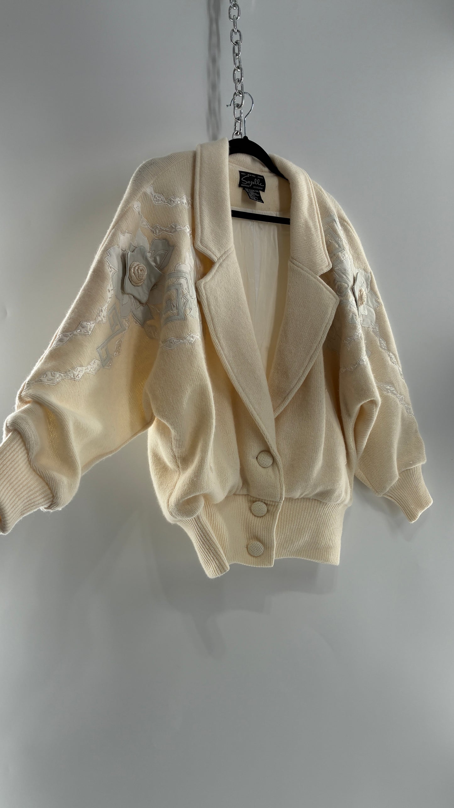 Vintage SUZELLE 70% Lambswool, 20% Angora Rabbit Off White Woven Bomber Jacket with Leather Flower Appliqués (Medium)