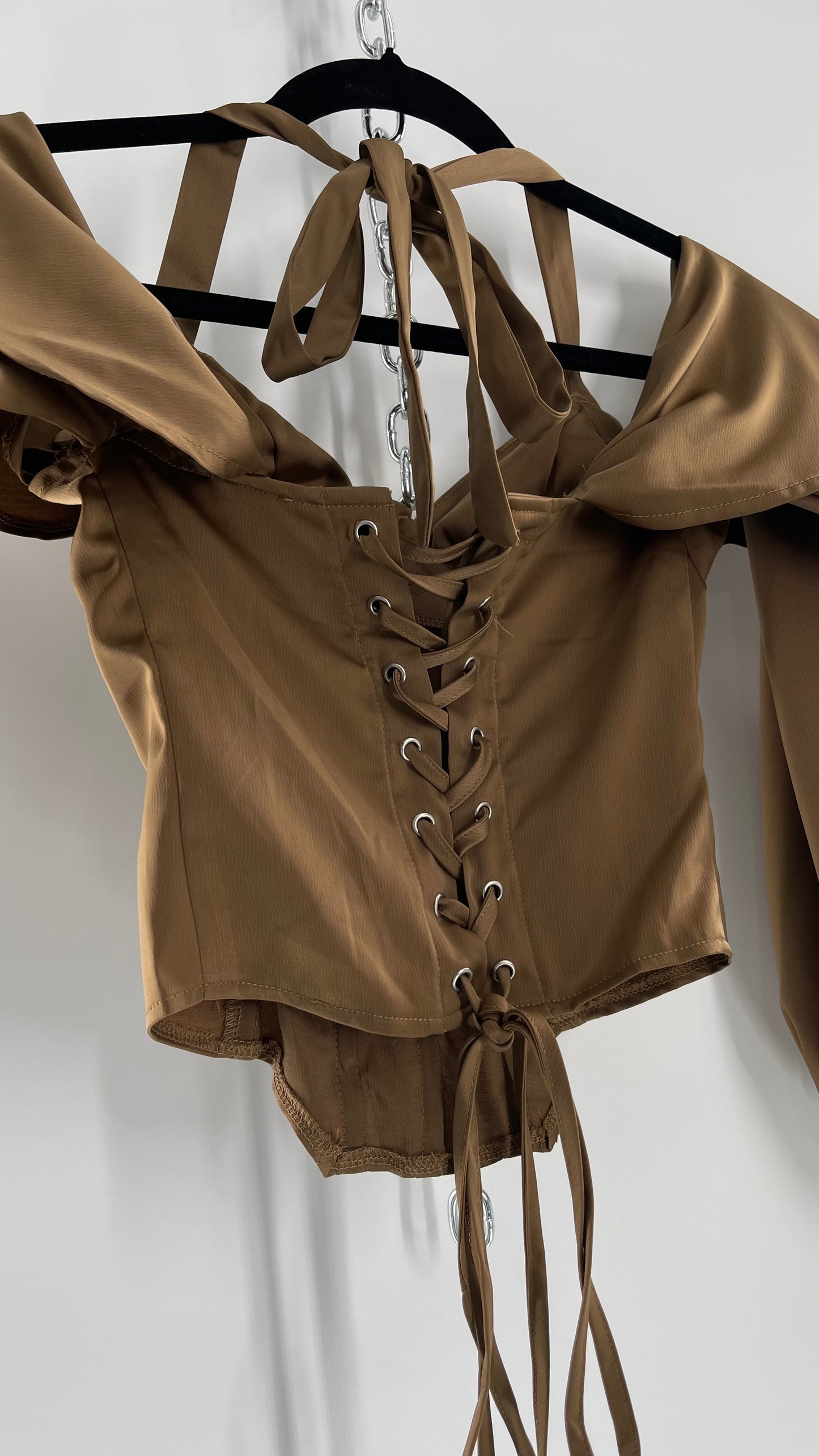 Pretty Little Thing Tan/Gold Corset Blouse with Draped Shoulders, Balloon Sleeves, Halter Strap and Lace Up Back (4)