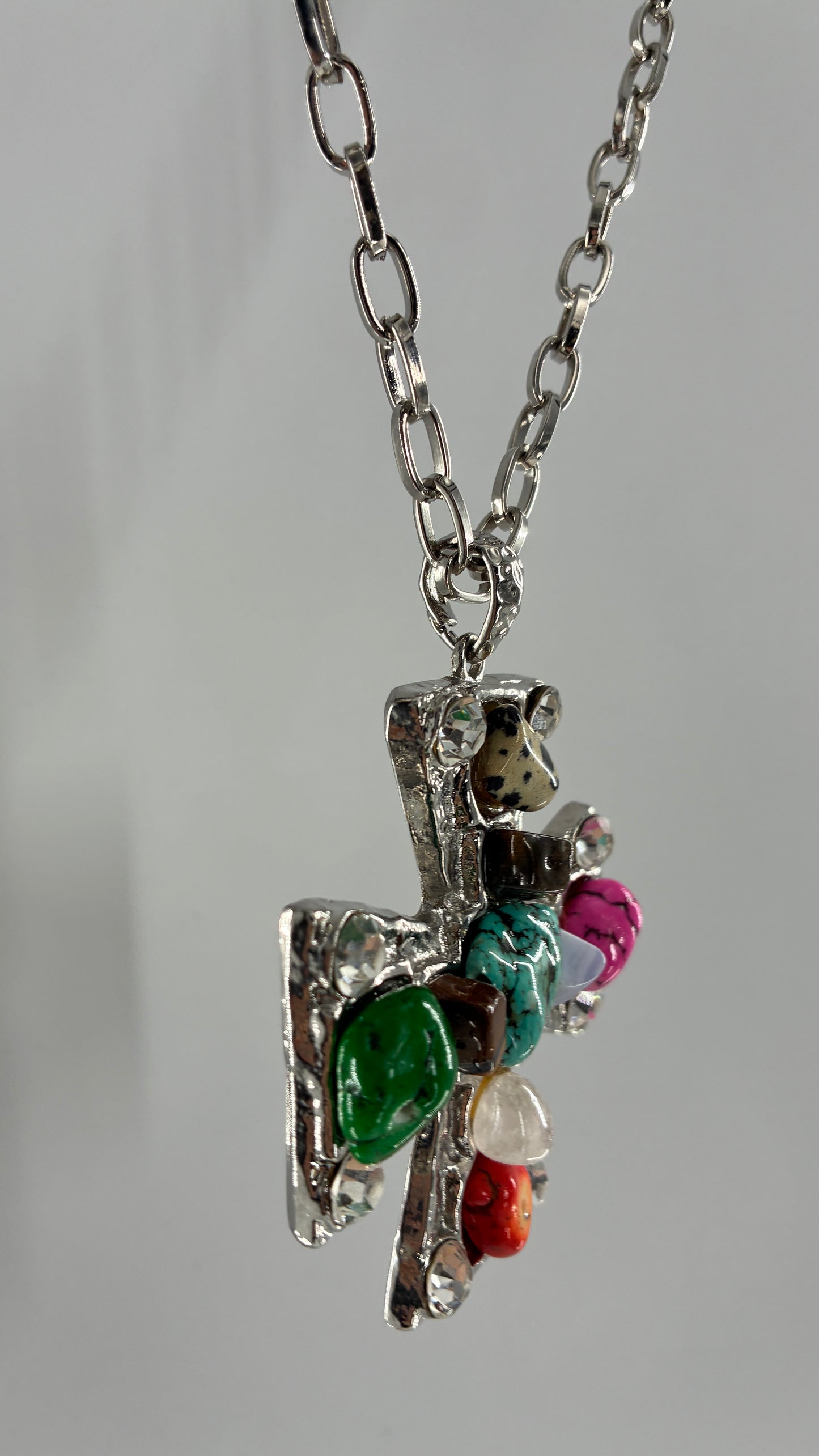 Vintage Silver Heavy Chain Necklace with Hammered Cross Covered in Stones and Rhinestones