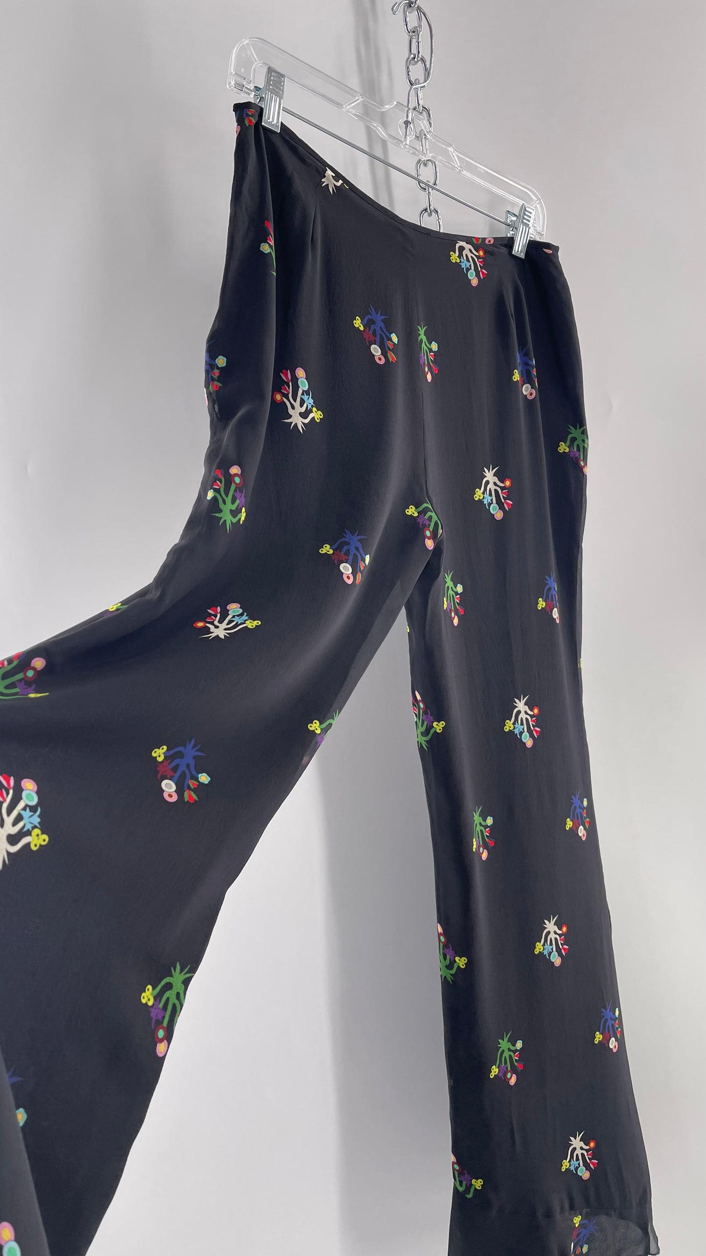 Cynthia Rowley Black Flared Pants with Colorful Abstract Florals, Dual Lining and Ruffle Trim (4)