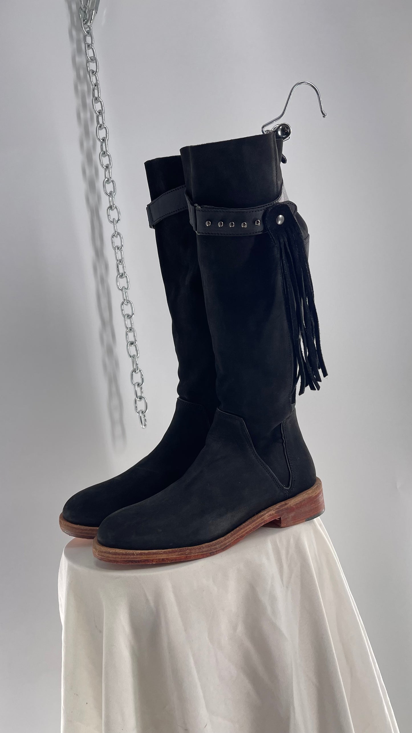 Free People Sayre Banks Slouchy Black Suede Leather Knee High Tassel Side Buckle Boot (38)