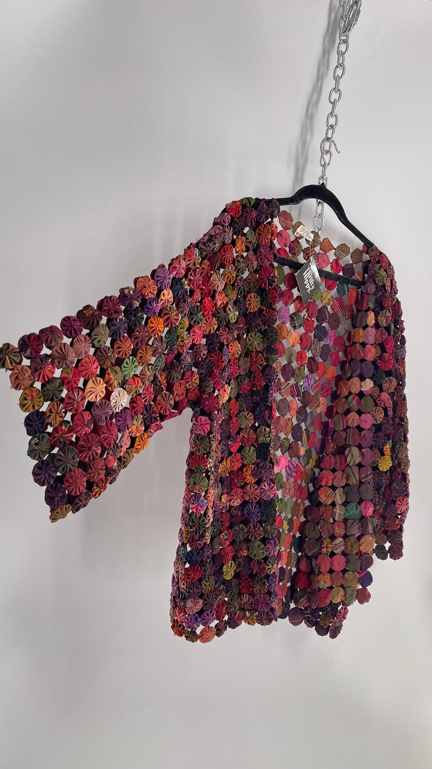 Vintage Handcrafted Multicolored Print Yo-Yo Quilt Kimono Sleeve Jacket, 1970s Thai 100% Silk