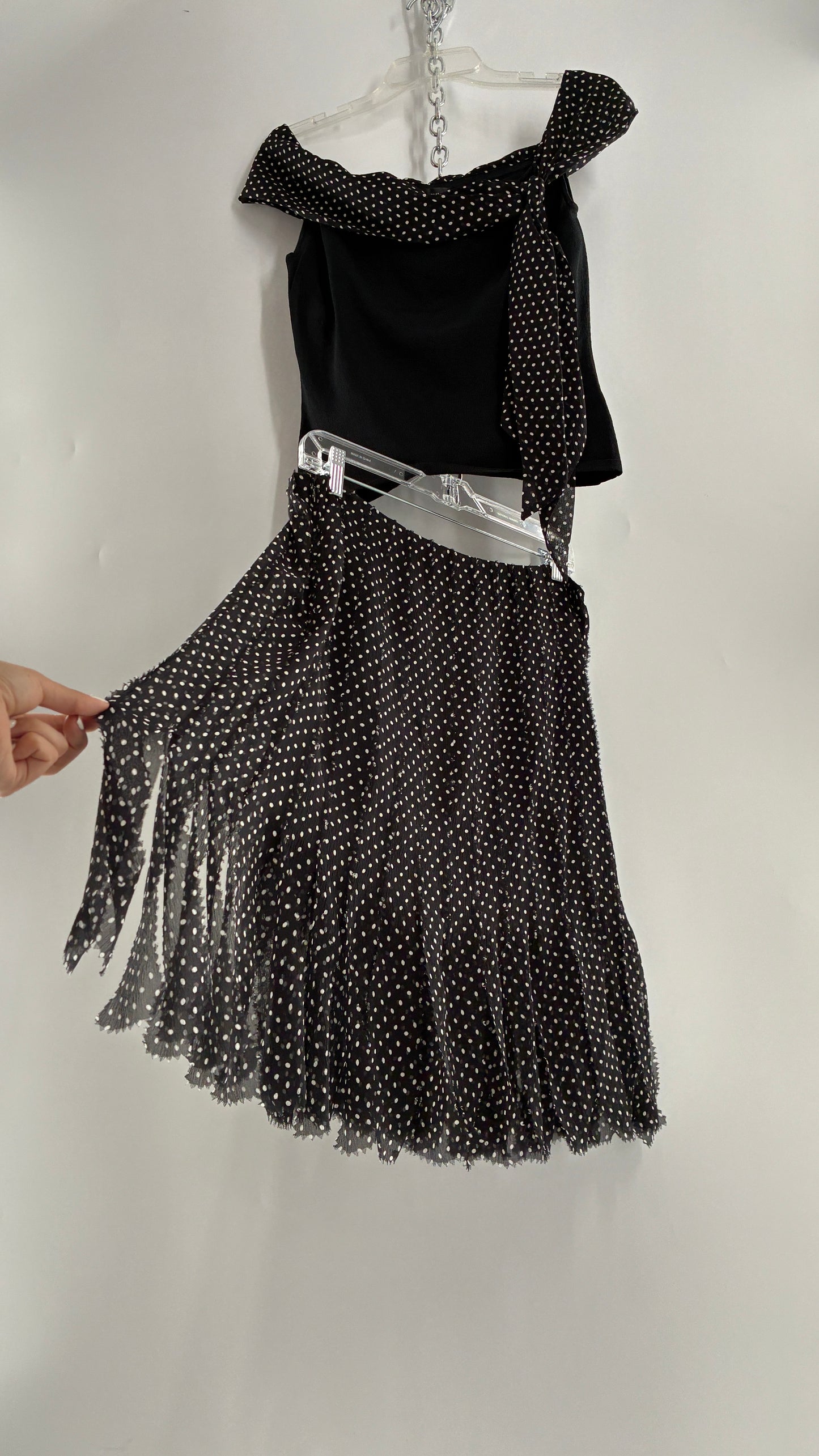 Vintage DANA BUCHMAN 100% Silk Polka Dotted Fringe Skirt and Off the Shoulder Top (Medium)