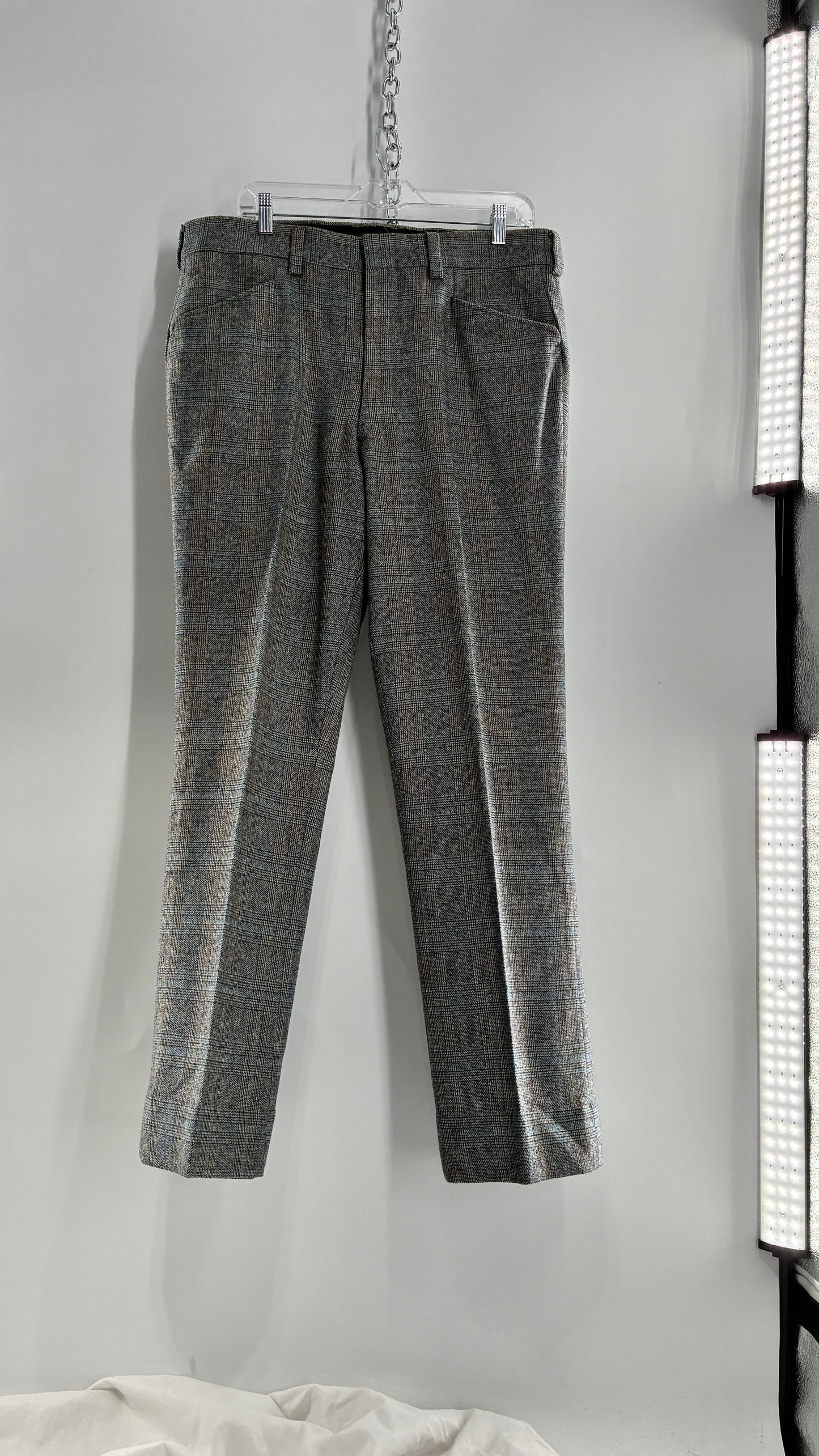 Vintage Handmade Wool Blend Woven Men’s Tailored Trousers with Grey Blue Plaid Pattern (35x32)