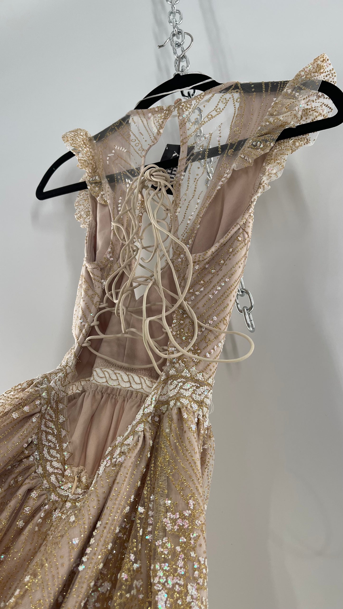 Hello Molly Fairy Sleeveless Chunky Iridescent Glitter Gold Mini Dress with Tie Up Back and Ruffle Sleeve (S)
