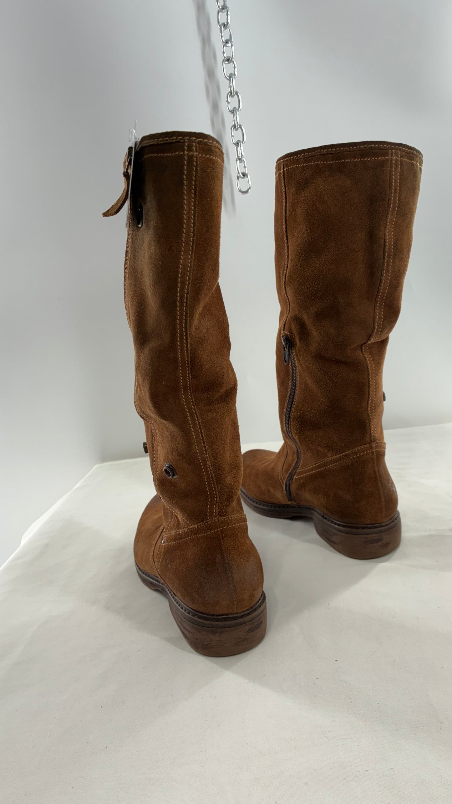MANAS Brown Suede Leather Combat Style Boots with Fold Over Option (40)