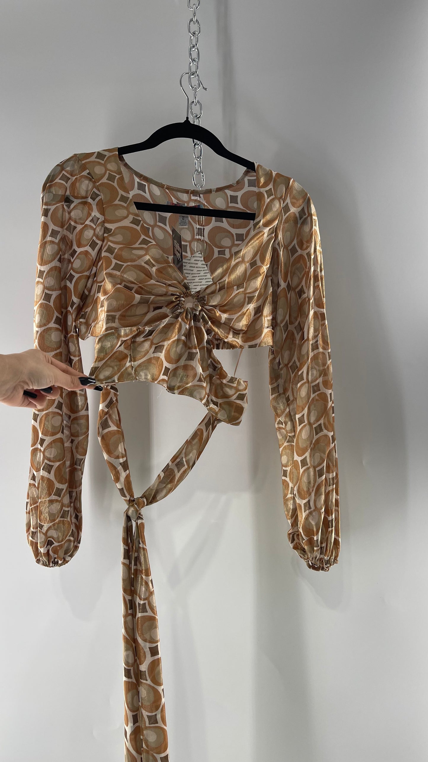 Urban Outfitters Shimmer Top Balloon Sleeve Gold Retro Print Cut Out Tie Around Blouse (Medium)