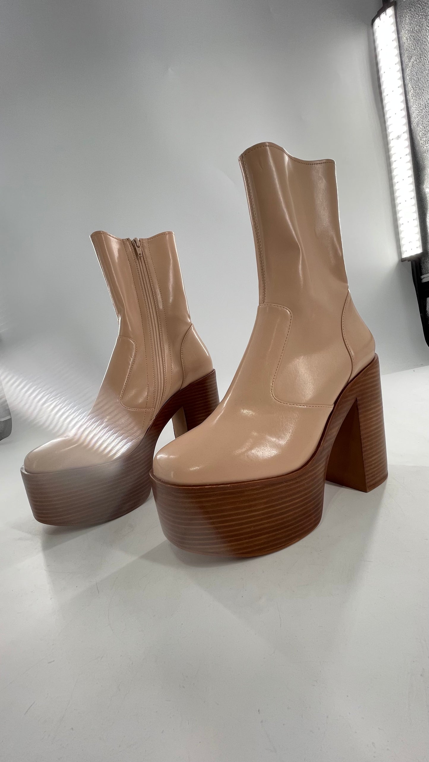 Free People X Jeffrey Campbell Mexique GoGo Boots • Beige Patent Boot with Wood Grain Chunky Block Heel and Platform (9)
