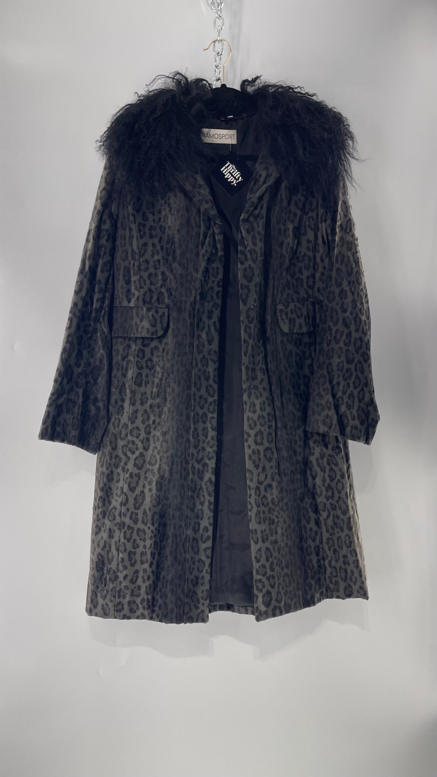 Vintage Romanian RAMOSTEPH Black/Gray Leopard Print Coat with Mongolian Fur Collar (Medium)
