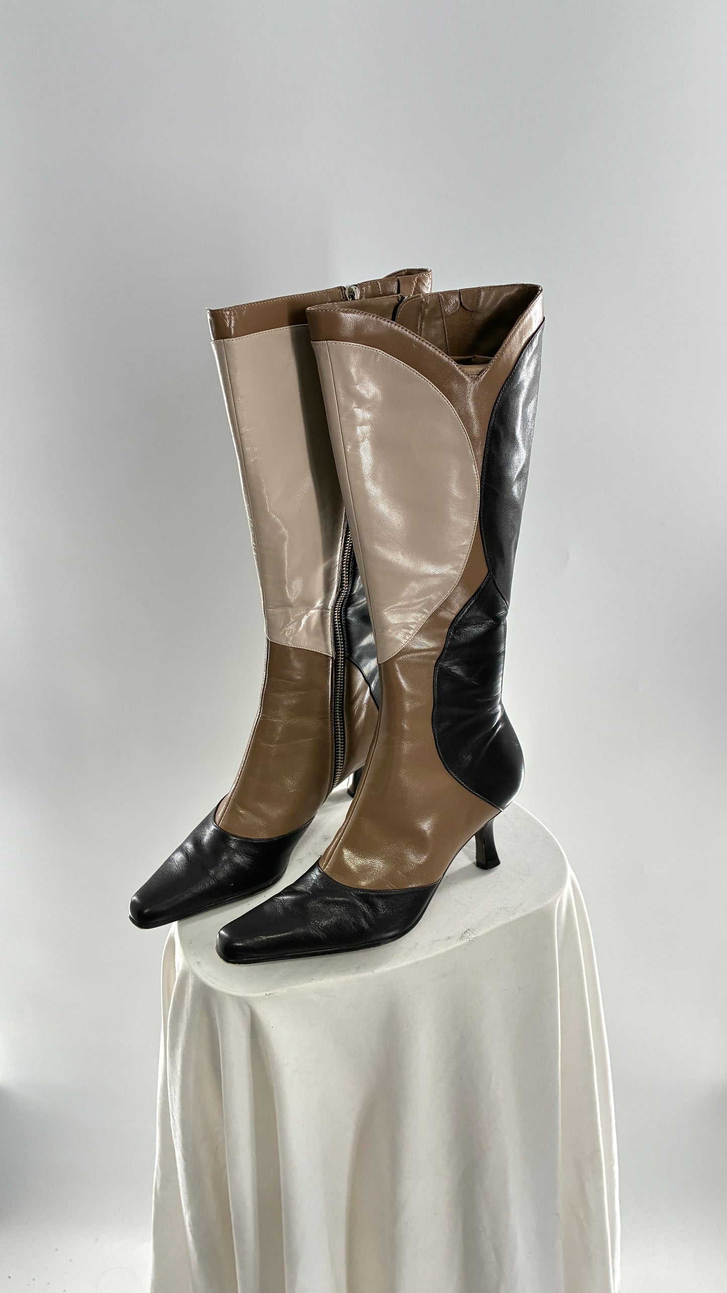 Vintage ANN MARINO Knee High Pointed Toe Abstract Patchwork Boots (6.5)