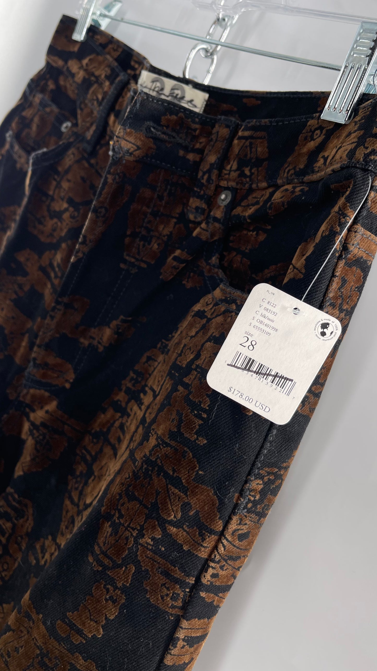 Free People Black/Brown Velvet Texture Graphic Straight Legs with Raw Edge Hem and Tags Attached (28)