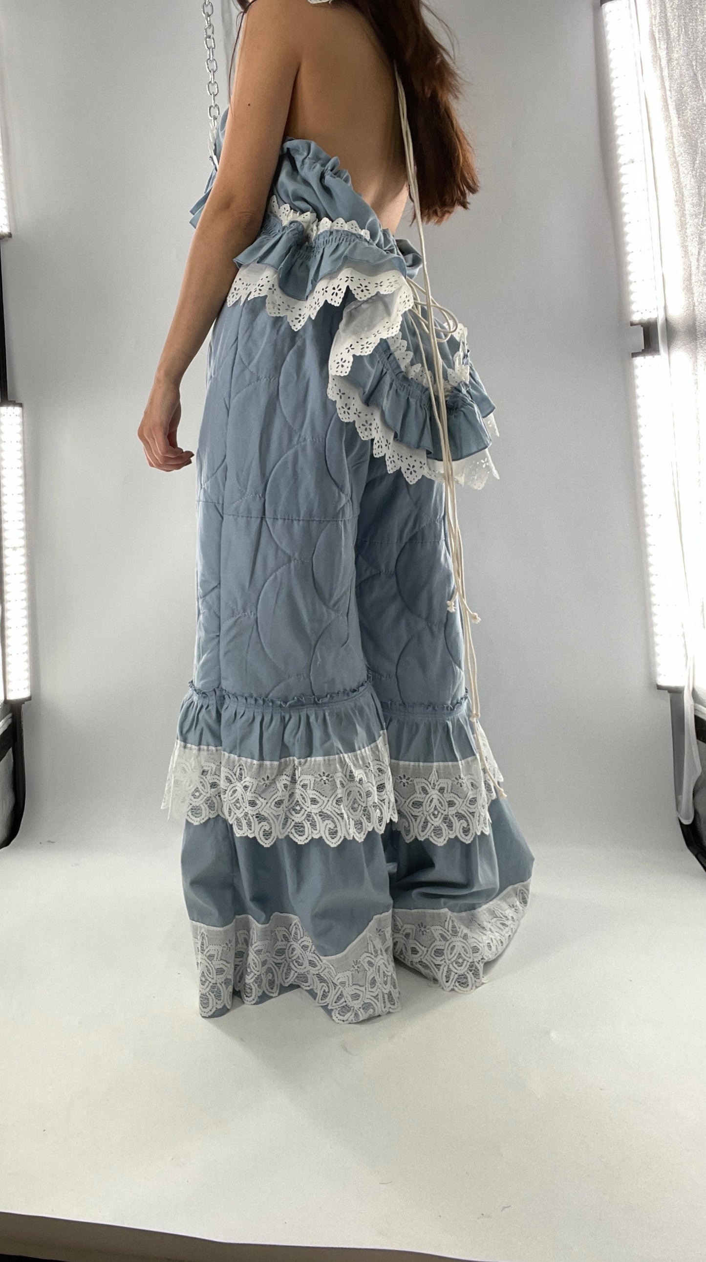 Vintage 2 Piece Powder Blue Set Featuring 2Way Blouse and Quilted Trousers Covered in Ruffles, Lace and Trim (One Size)