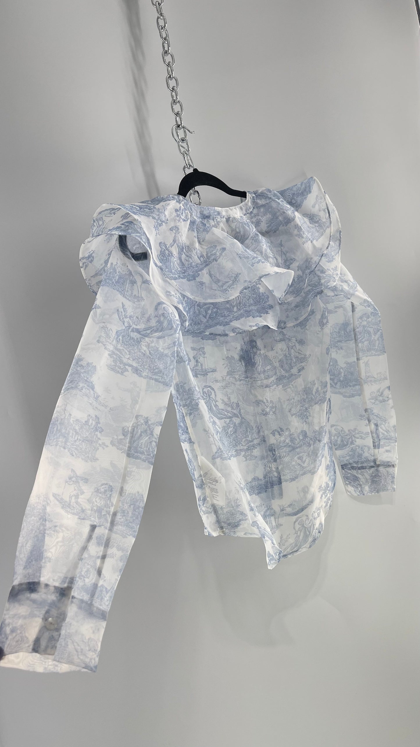 Laura Ashley Urban Outfitters Voile Sheer Ruffled Shoulder Button Up with Blue Vintage Print (XS)