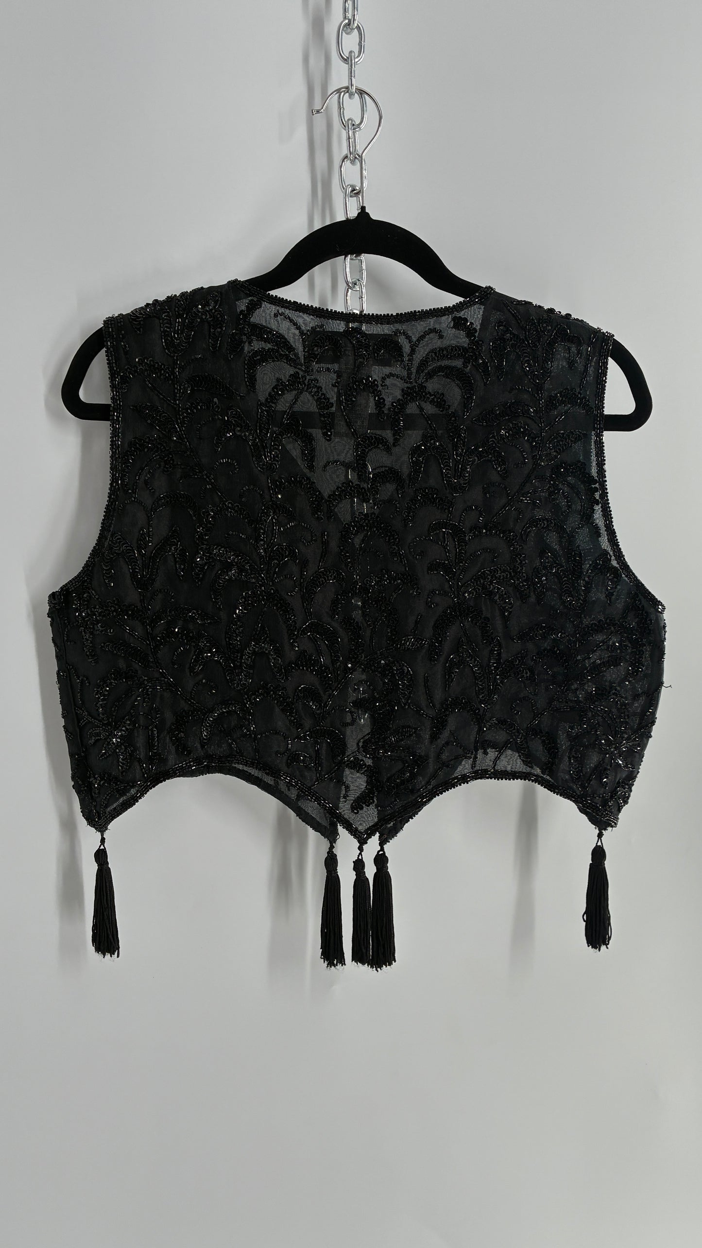 Vintage 1990s NITELINE 100% Silk Beaded Cropped Vest with Tassel Details (Medium)