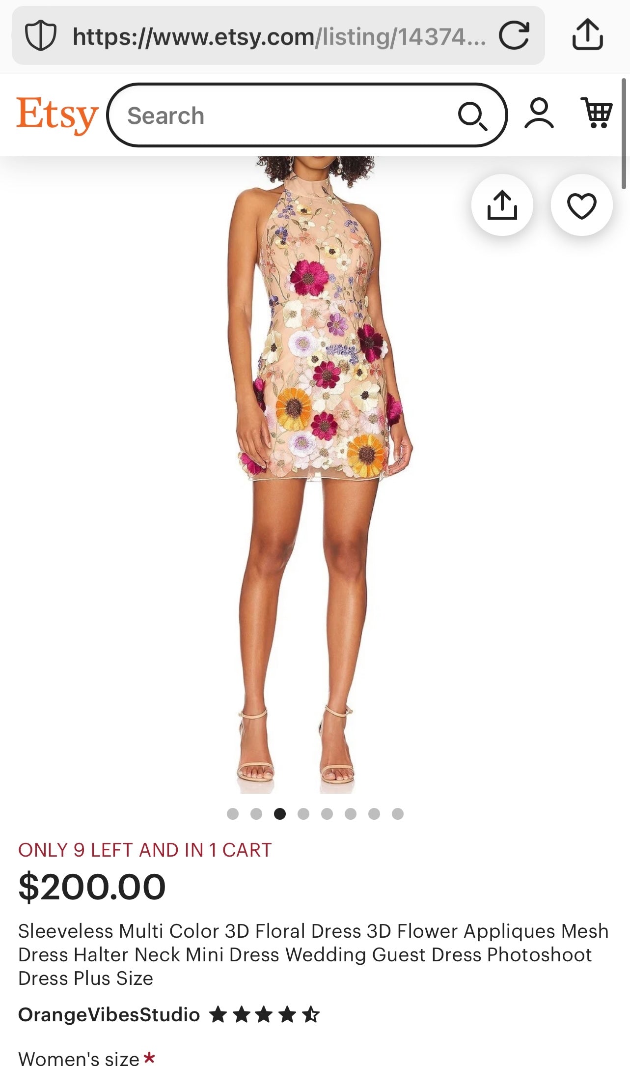 Mesh Backless Mini Dress with Halter Neckline covered in 3D Colorful Embroidered Flower Appliqués (Medium)