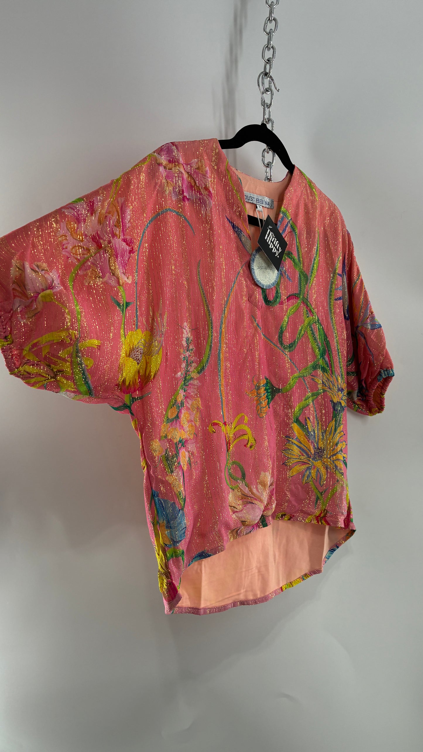 JUST BELLINA Pink Tropical Patterned Puff Sleeve Blouse with Gold Threading and Tags Attached (Small)