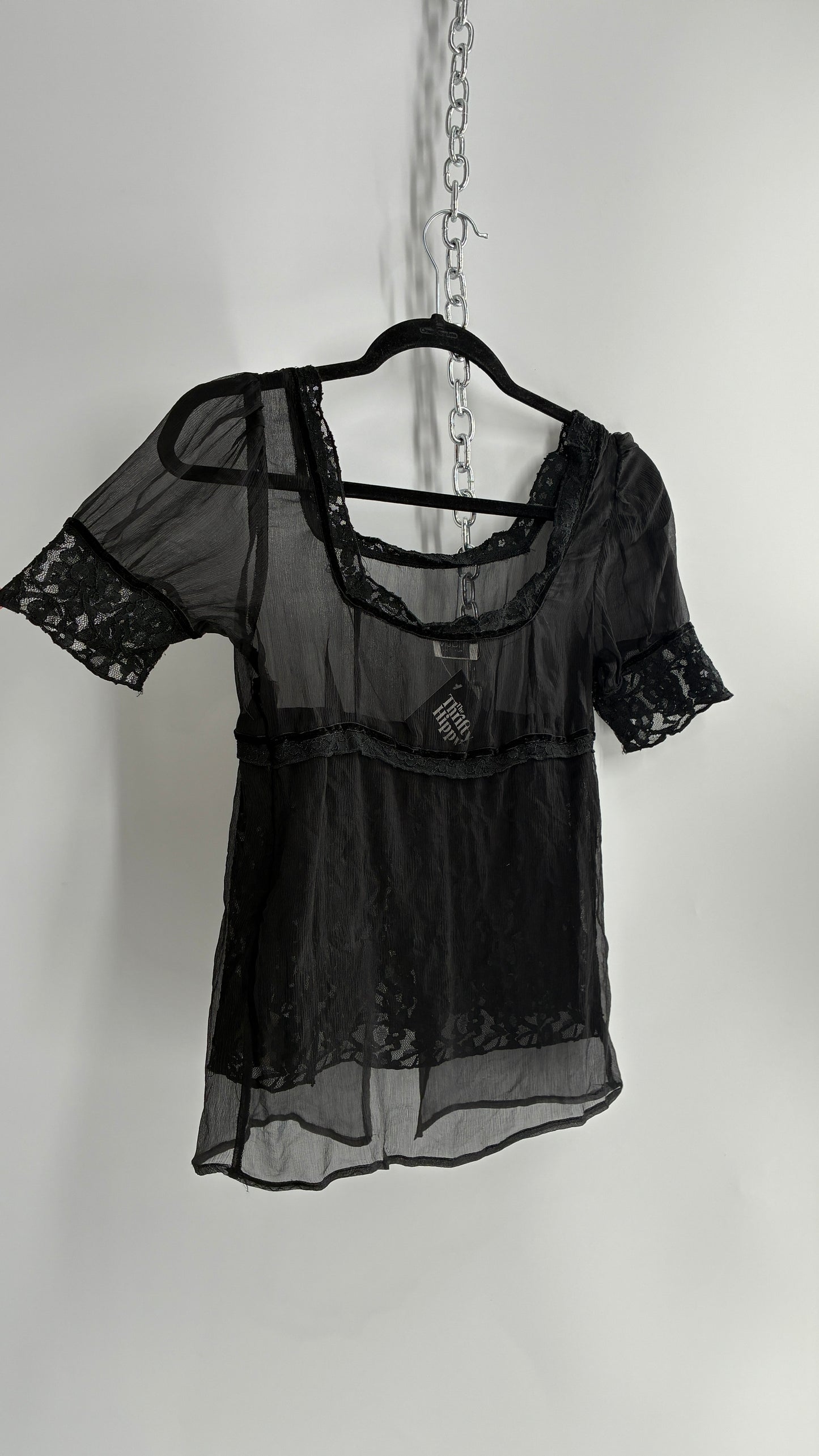 Vintage MÖTIVI Pure Silk Blouse with Lace Bodice, Vented Detail and Velour Trim (4)