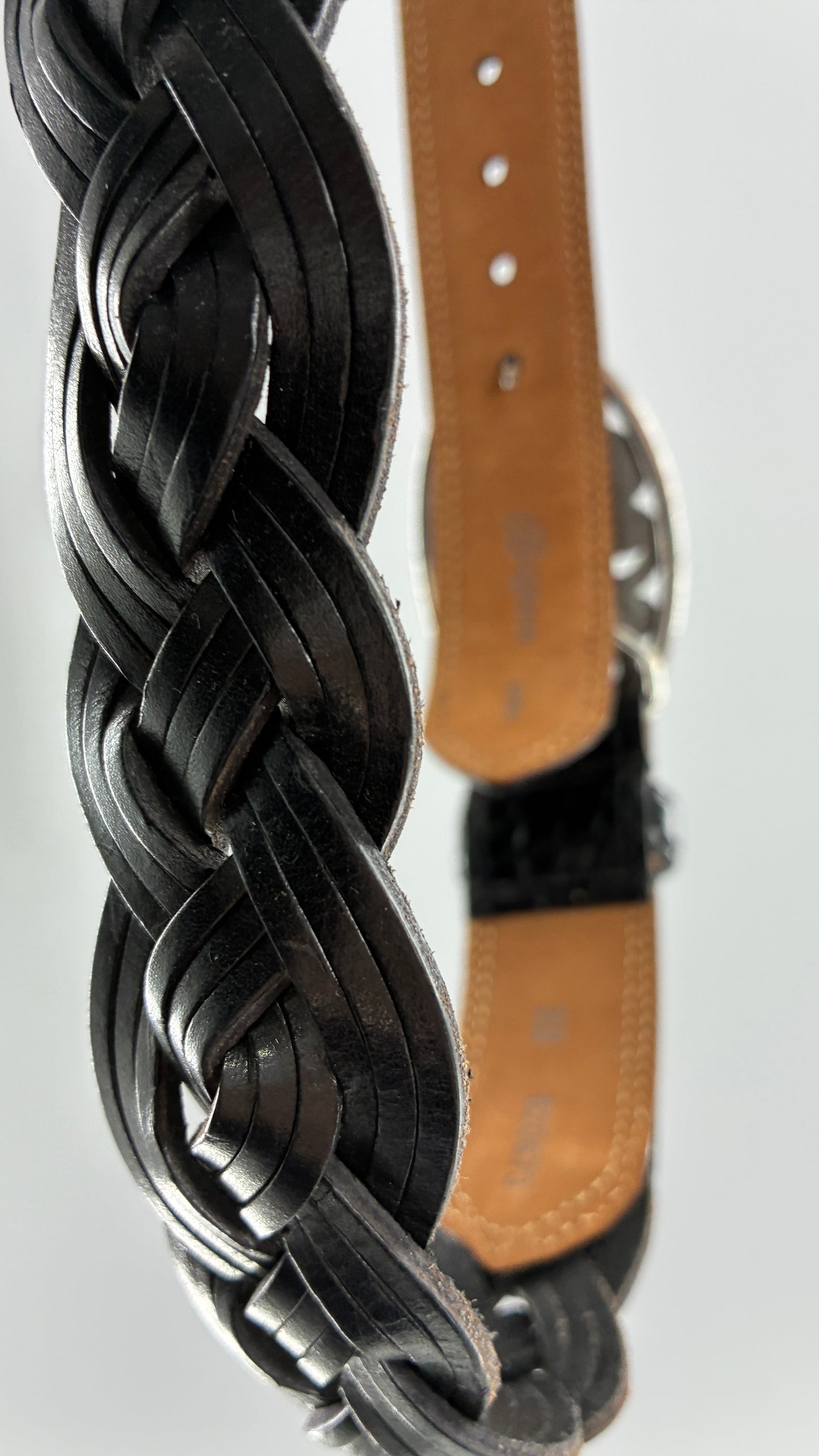 Brighton Black Leather Braided Belt with Oversized Silver Buckle (32)
