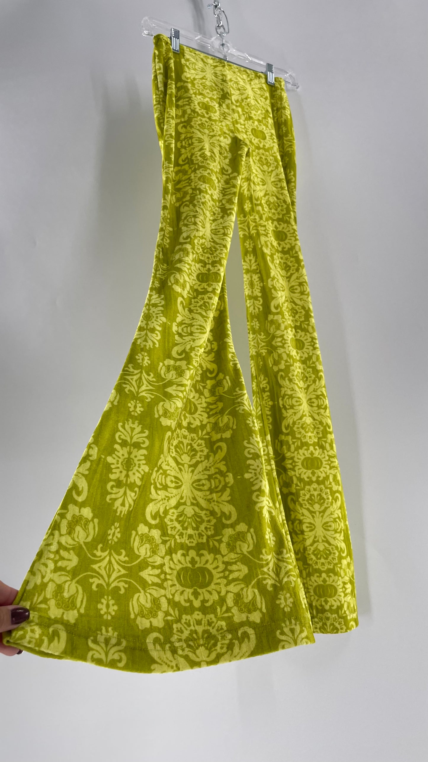 Urban Outfitters Chartreuse Green/Yellow Velvet Lace Patterned Flares with Scrunch Front  (XS)