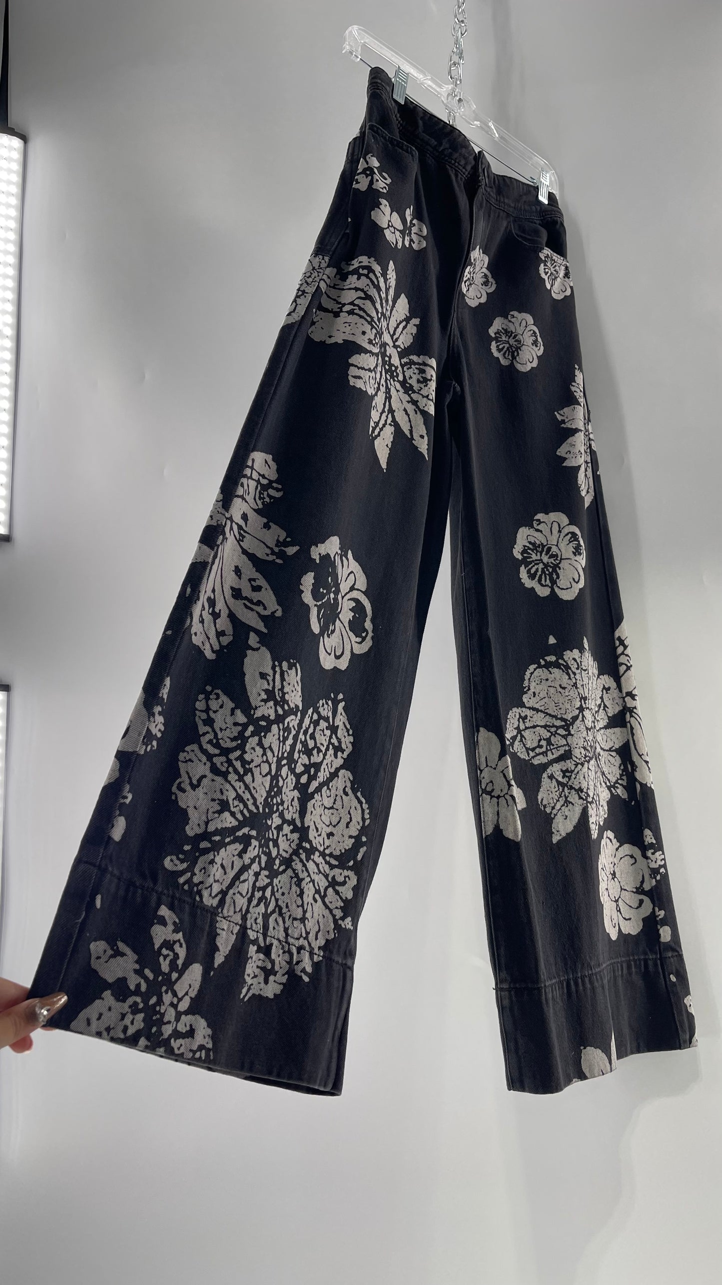 Free People Black Wide Leg Jeans with White Hibiscus Floral Design (29)