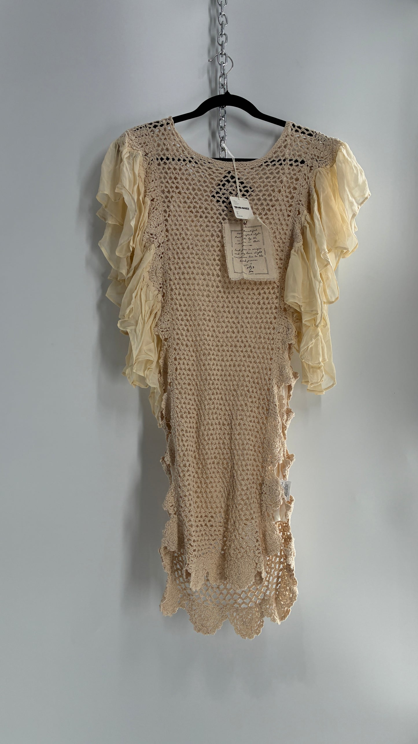 Free People Crochet Scalloped Open Side Dress with Ruffled Sleeve Details (S)